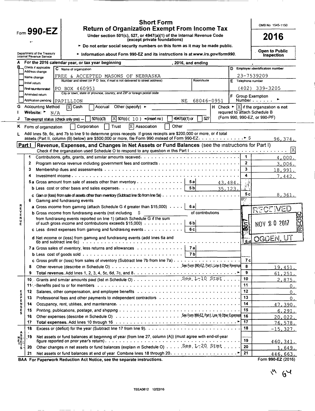 Image of first page of 2016 Form 990EO for Free and Accepted Masons of Nebraska Mahf - 39 Papillion Lodge