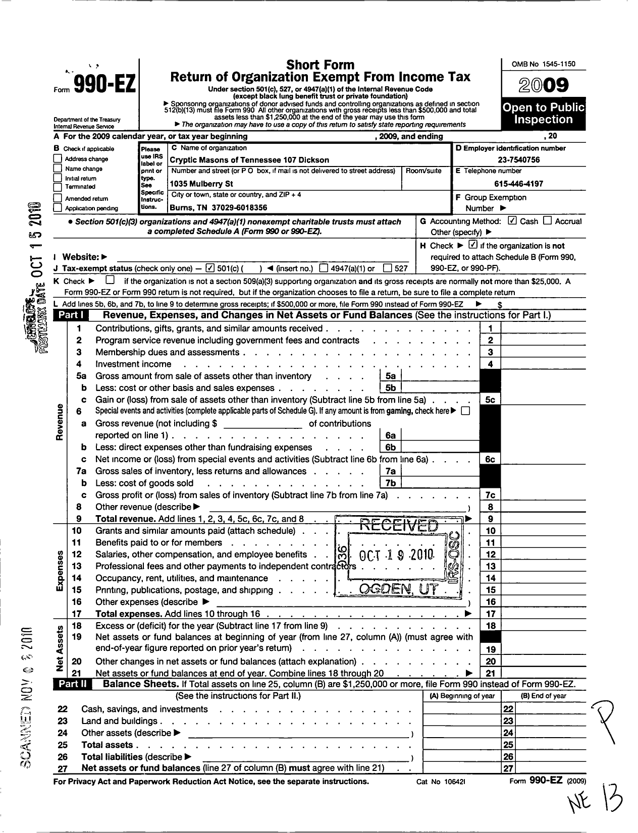 Image of first page of 2009 Form 990EO for Royal Arch Masons of Tennessee - 123 Dickson