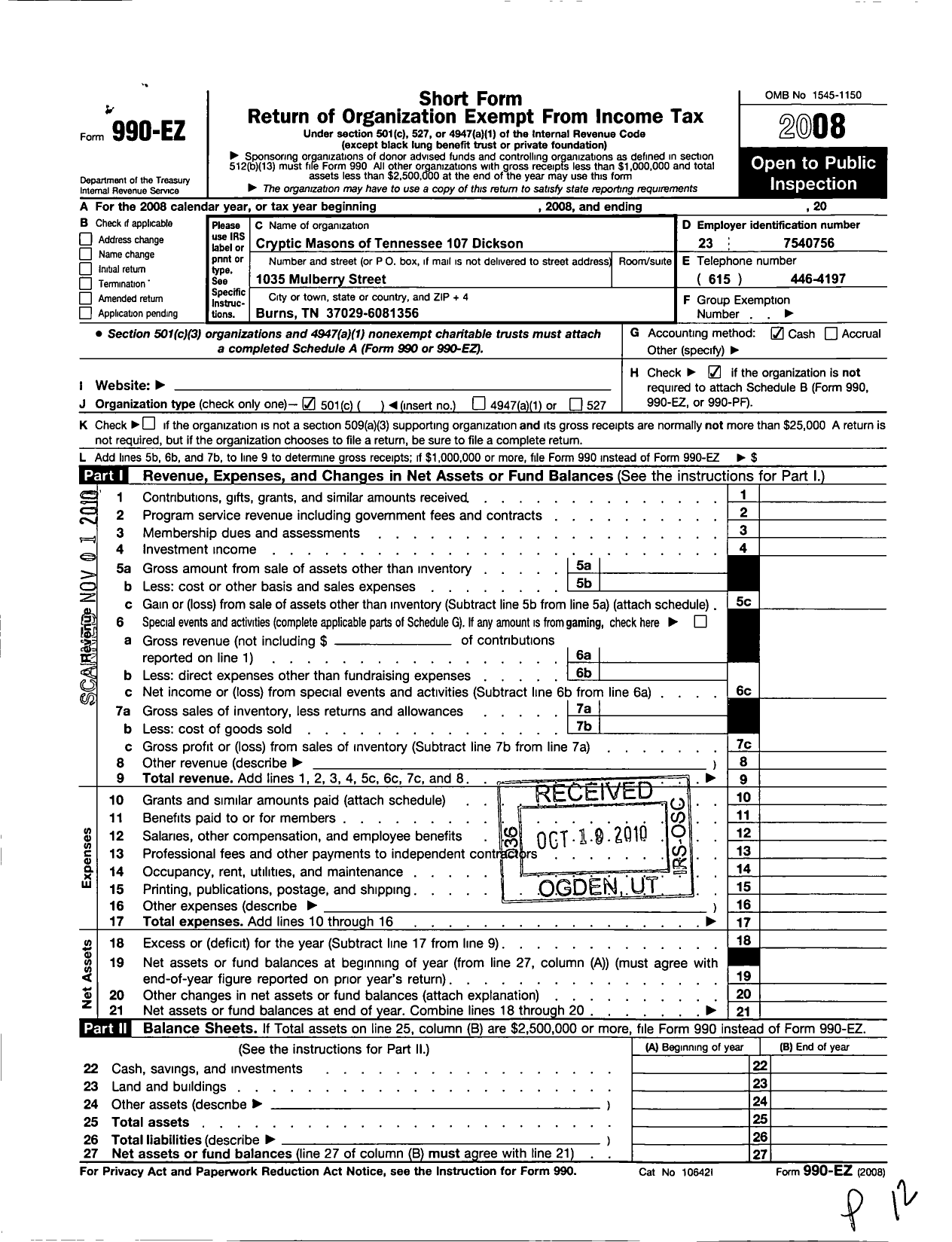 Image of first page of 2008 Form 990EO for Royal Arch Masons of Tennessee - 123 Dickson