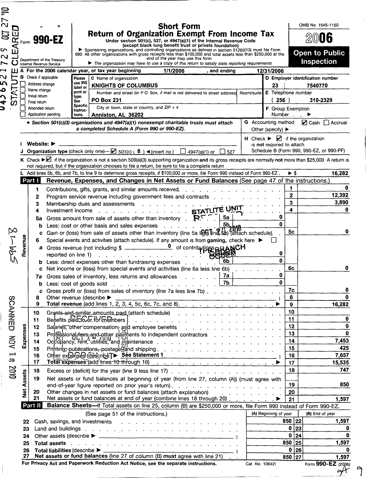 Image of first page of 2006 Form 990EO for Joseph J Burns SR Council 3227 Knights of Columbus