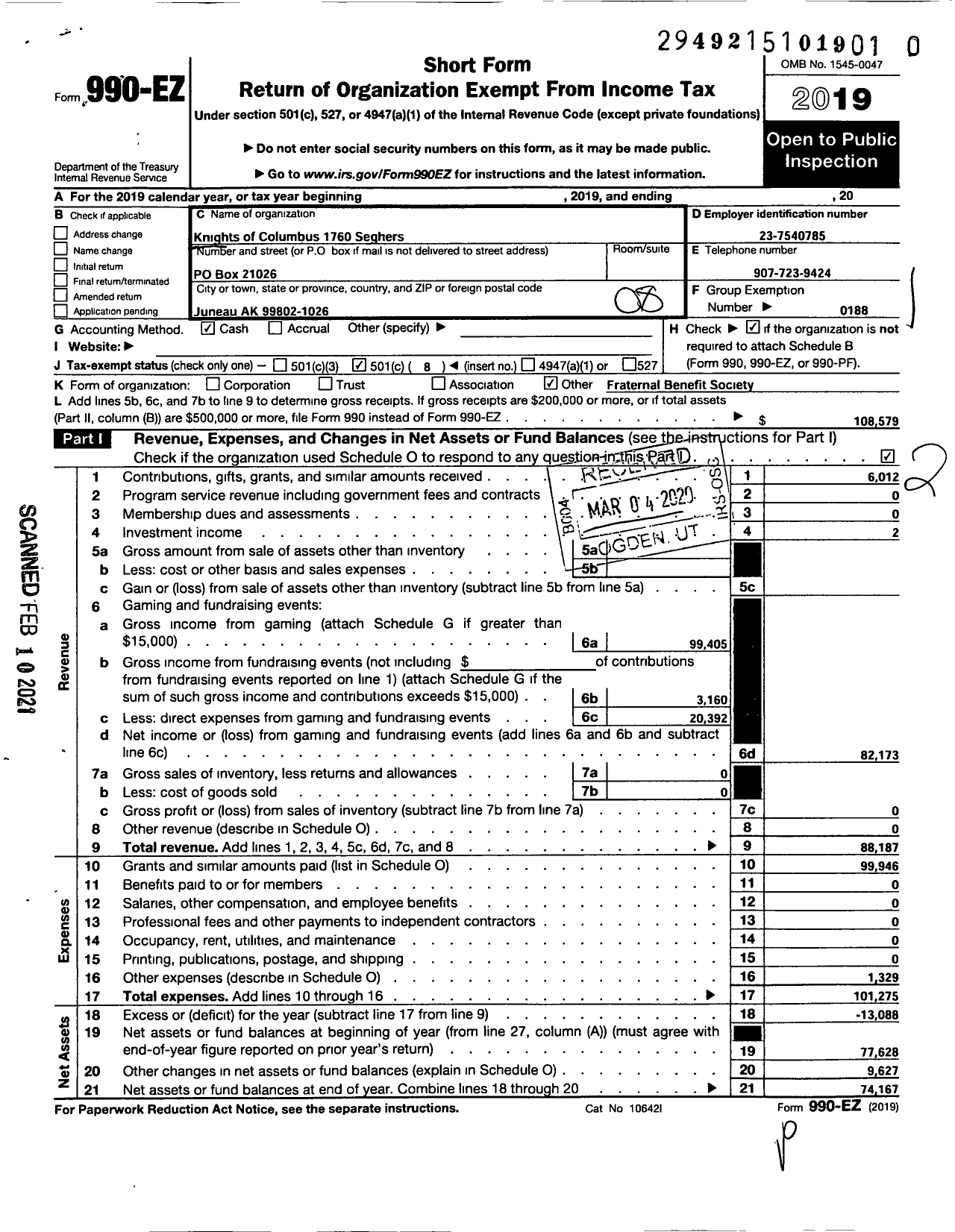 Image of first page of 2019 Form 990EO for Knights of Columbus - KofC Council 1760