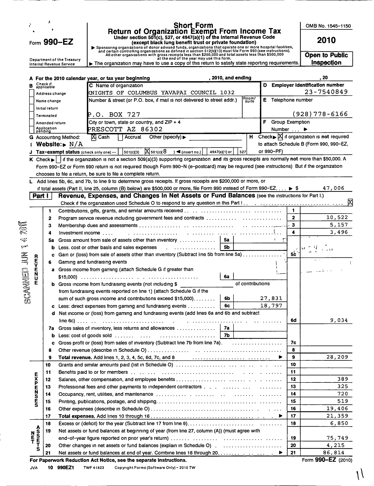 Image of first page of 2010 Form 990EO for Knights of Columbus - 1032 Yavapai Council