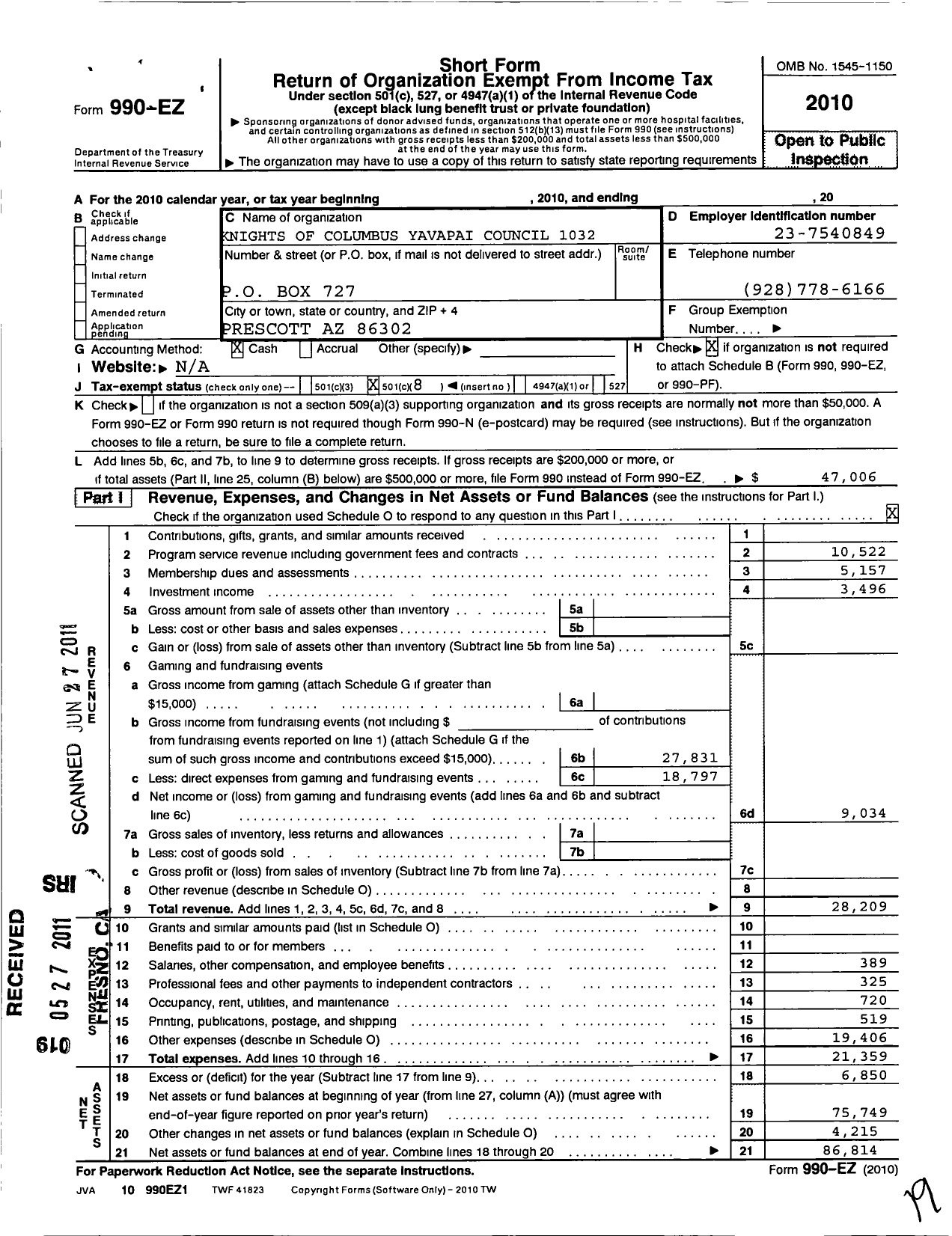 Image of first page of 2010 Form 990EO for Knights of Columbus - 1032 Yavapai Council