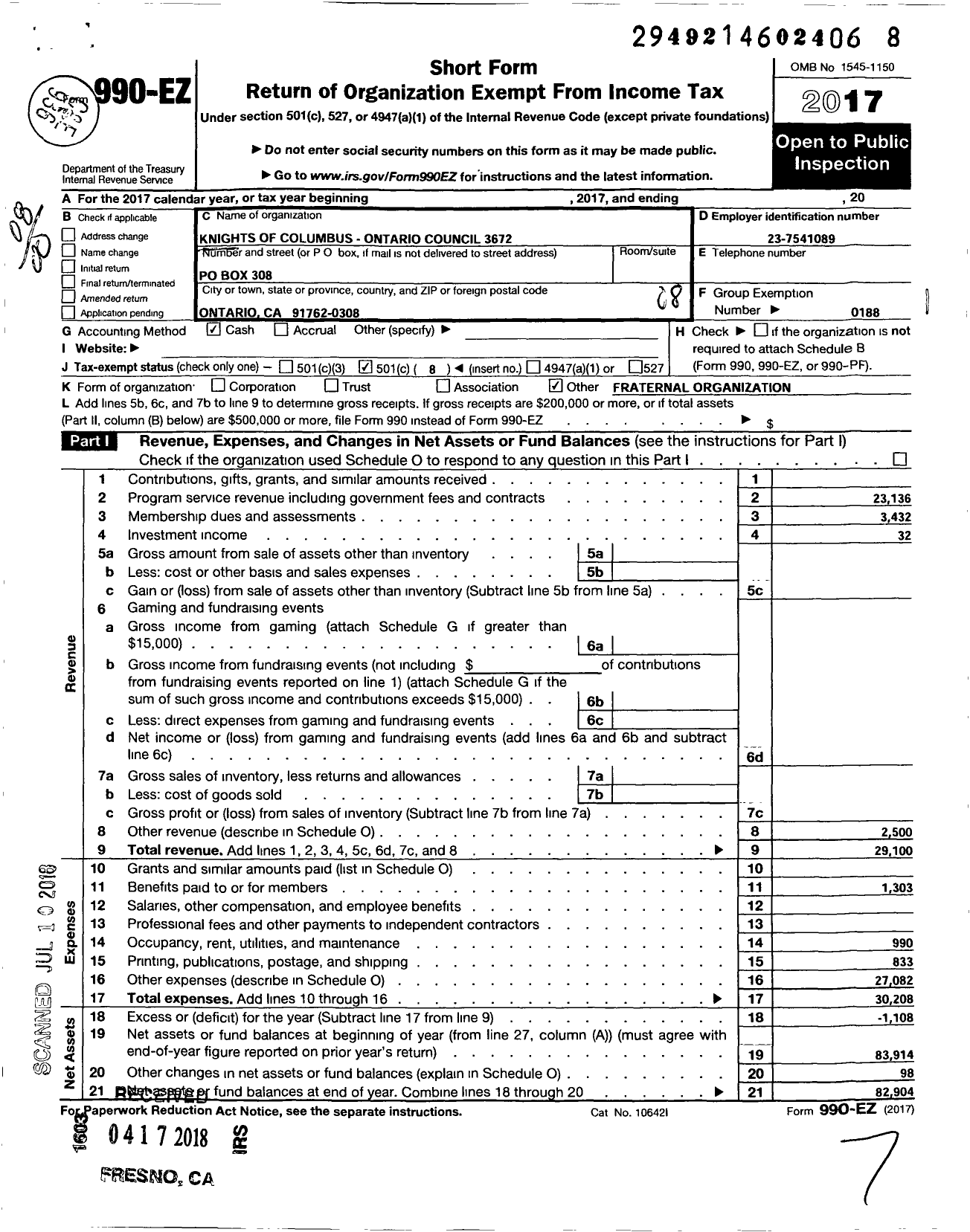 Image of first page of 2017 Form 990EO for Knights of Columbus - 3672 Ontario Council