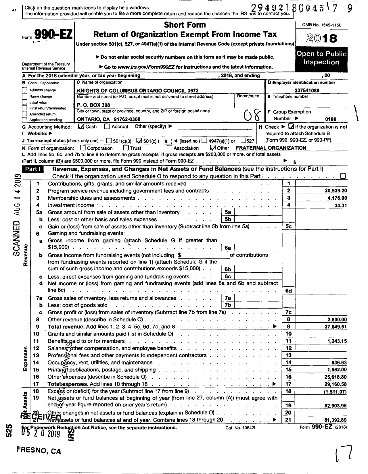 Image of first page of 2018 Form 990EO for Knights of Columbus - 3672 Ontario Council