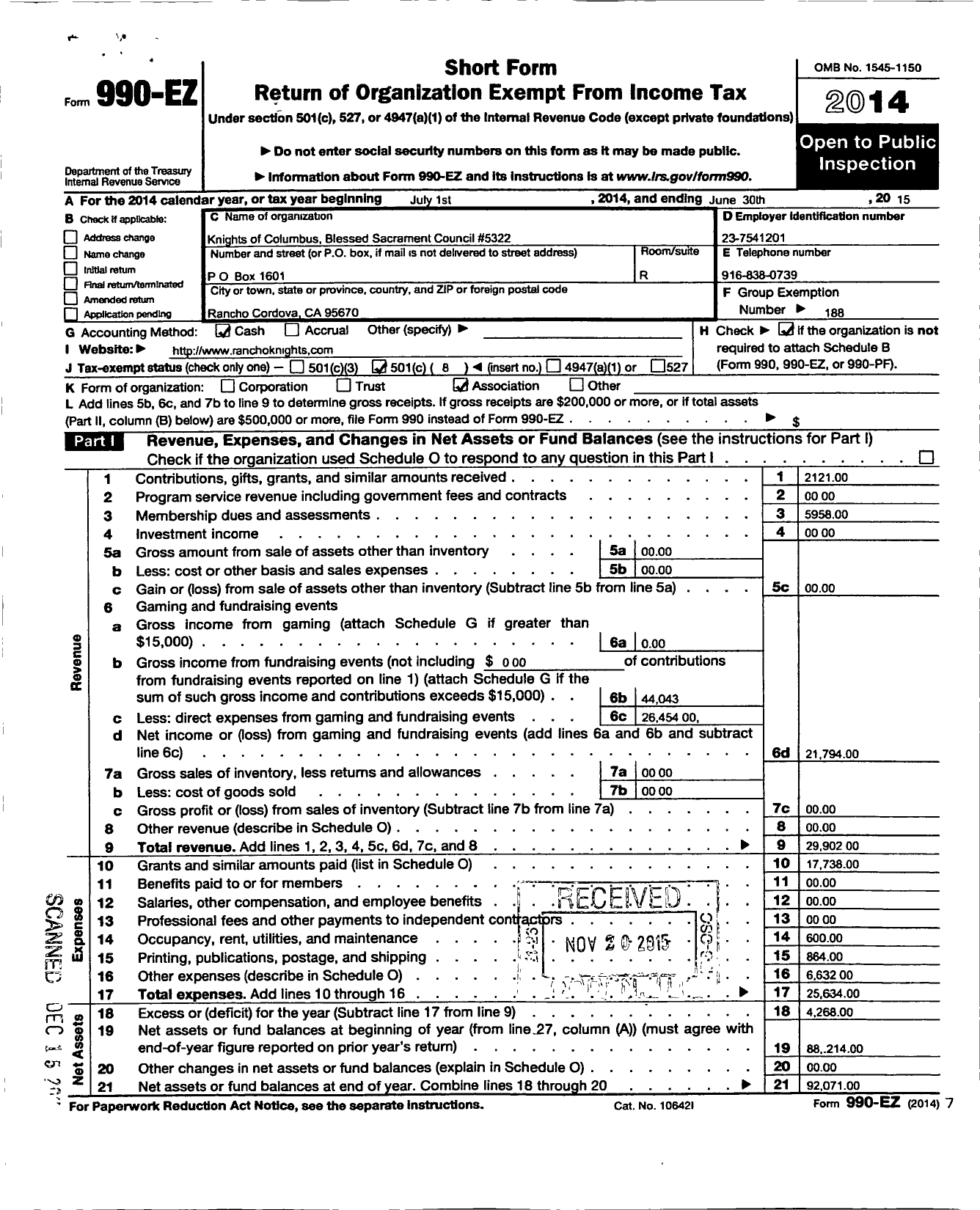 Image of first page of 2014 Form 990EO for Knights of Columbus - 5322 Blessed Sacrament Council