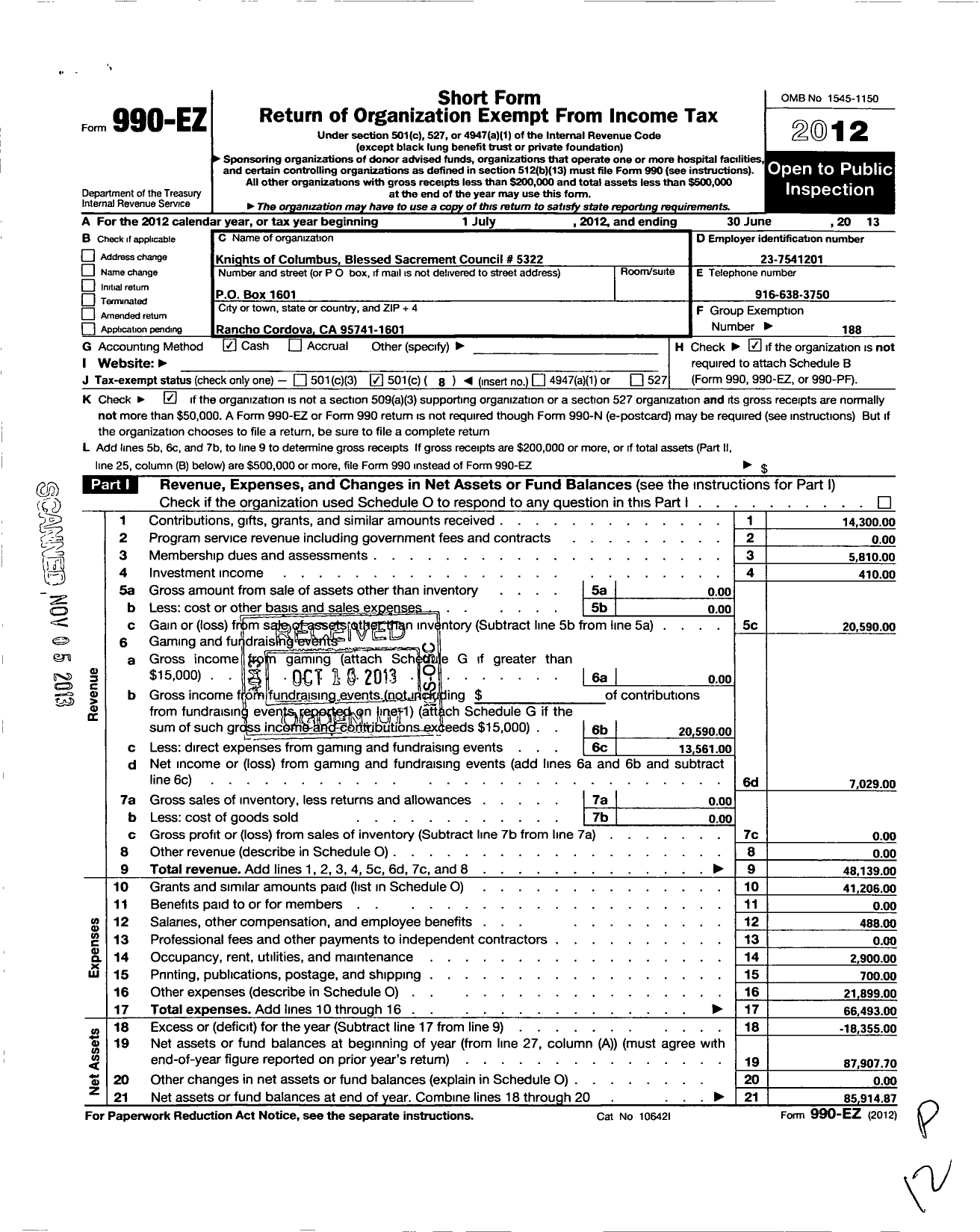 Image of first page of 2012 Form 990EO for Knights of Columbus - 5322 Blessed Sacrament Council