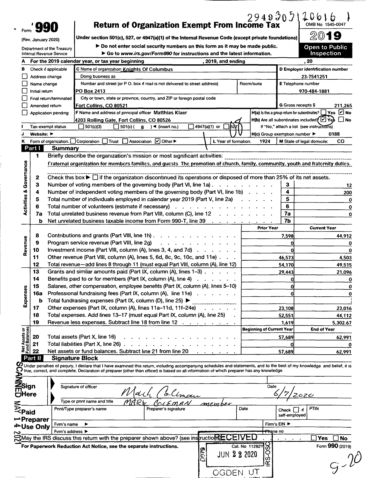 Image of first page of 2019 Form 990O for Knights of Columbus - 1214 Fort Collins Council
