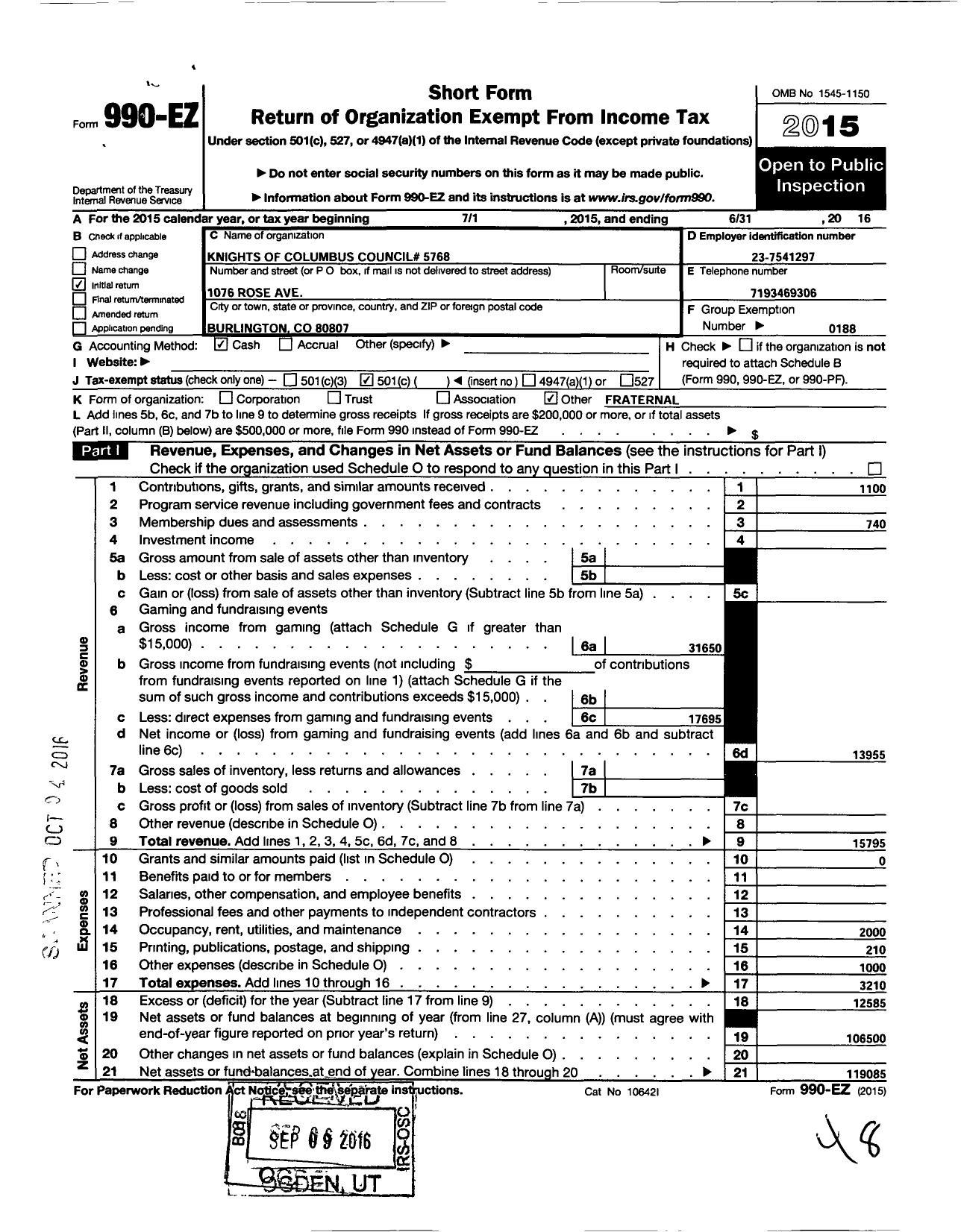 Image of first page of 2015 Form 990EO for Knights of Columbus - 5768 Burlington Council