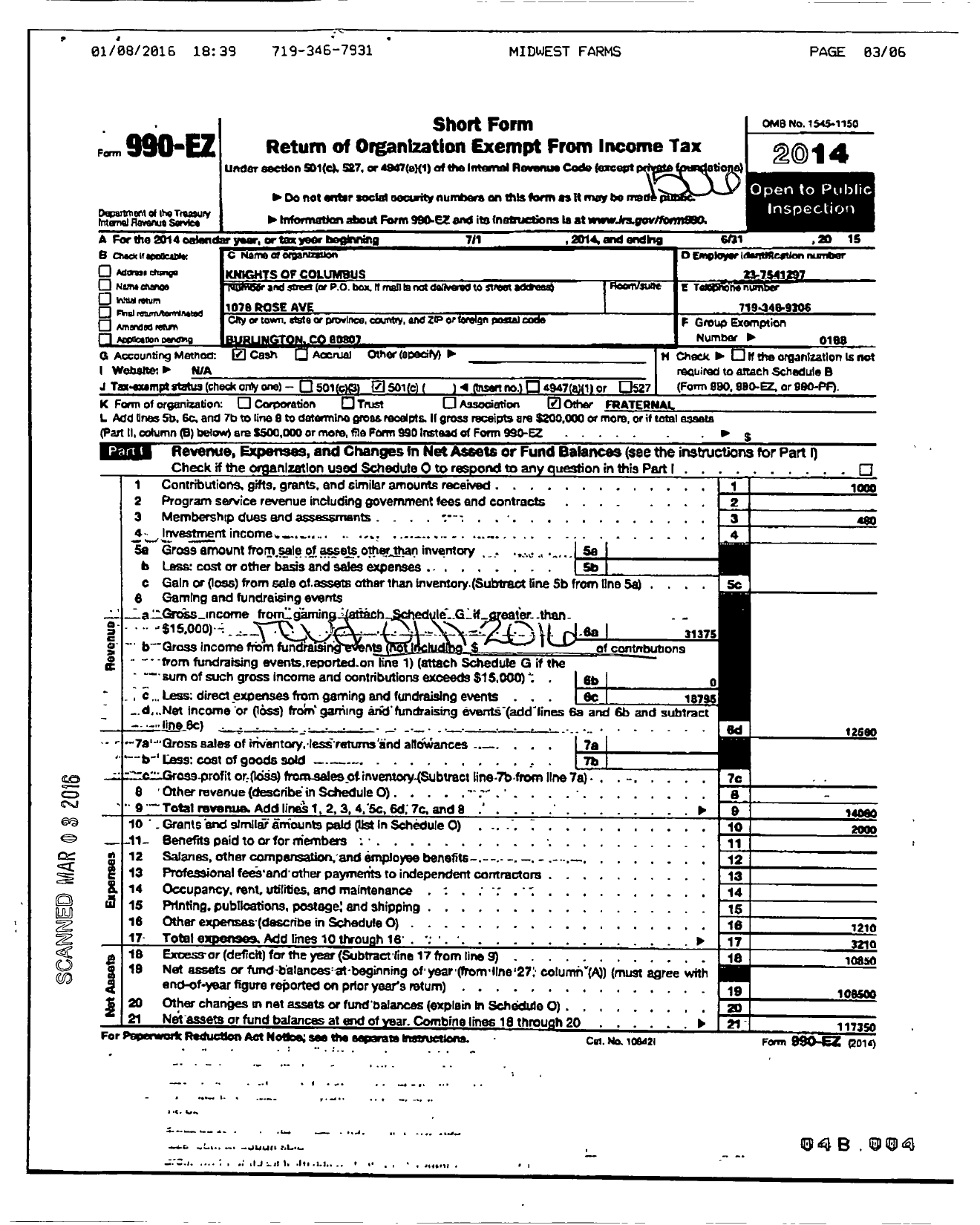 Image of first page of 2014 Form 990EO for Knights of Columbus - 5768 Burlington Council