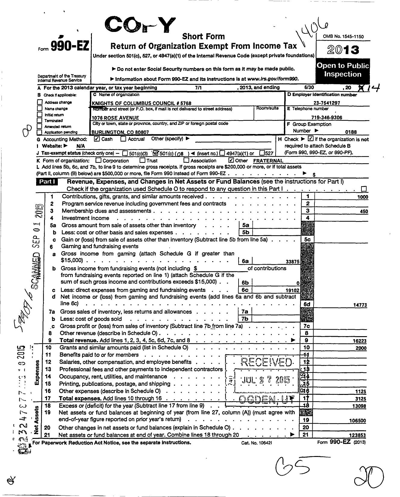 Image of first page of 2013 Form 990EO for Knights of Columbus - 5768 Burlington Council