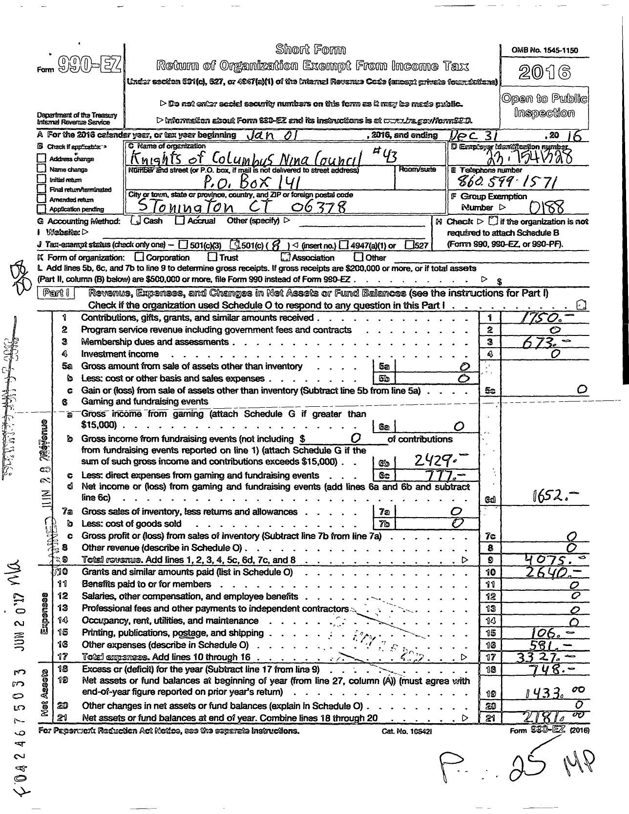 Image of first page of 2016 Form 990EO for Knights of Columbus - 43 Nina Council