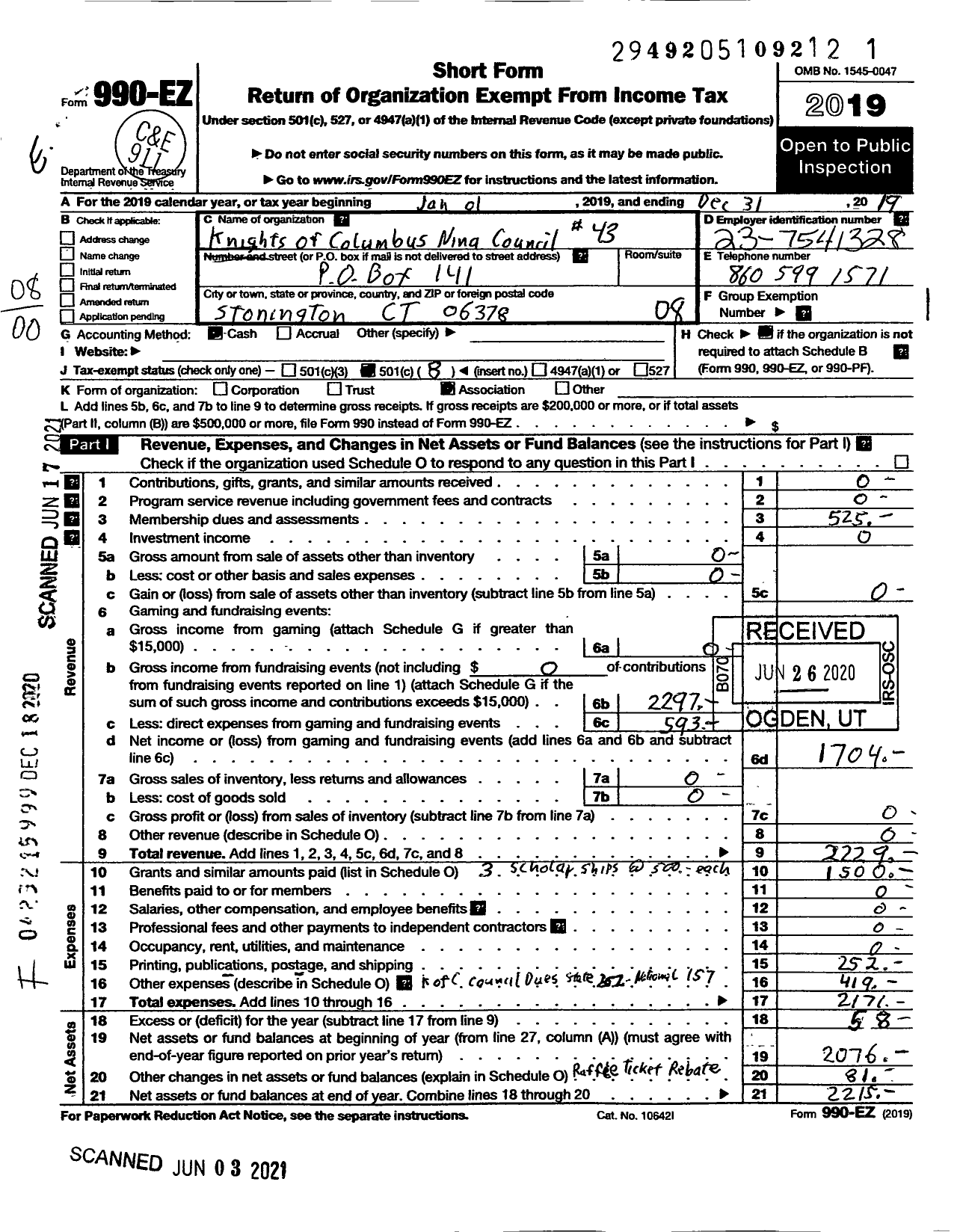 Image of first page of 2019 Form 990EO for Knights of Columbus - 43 Nina Council