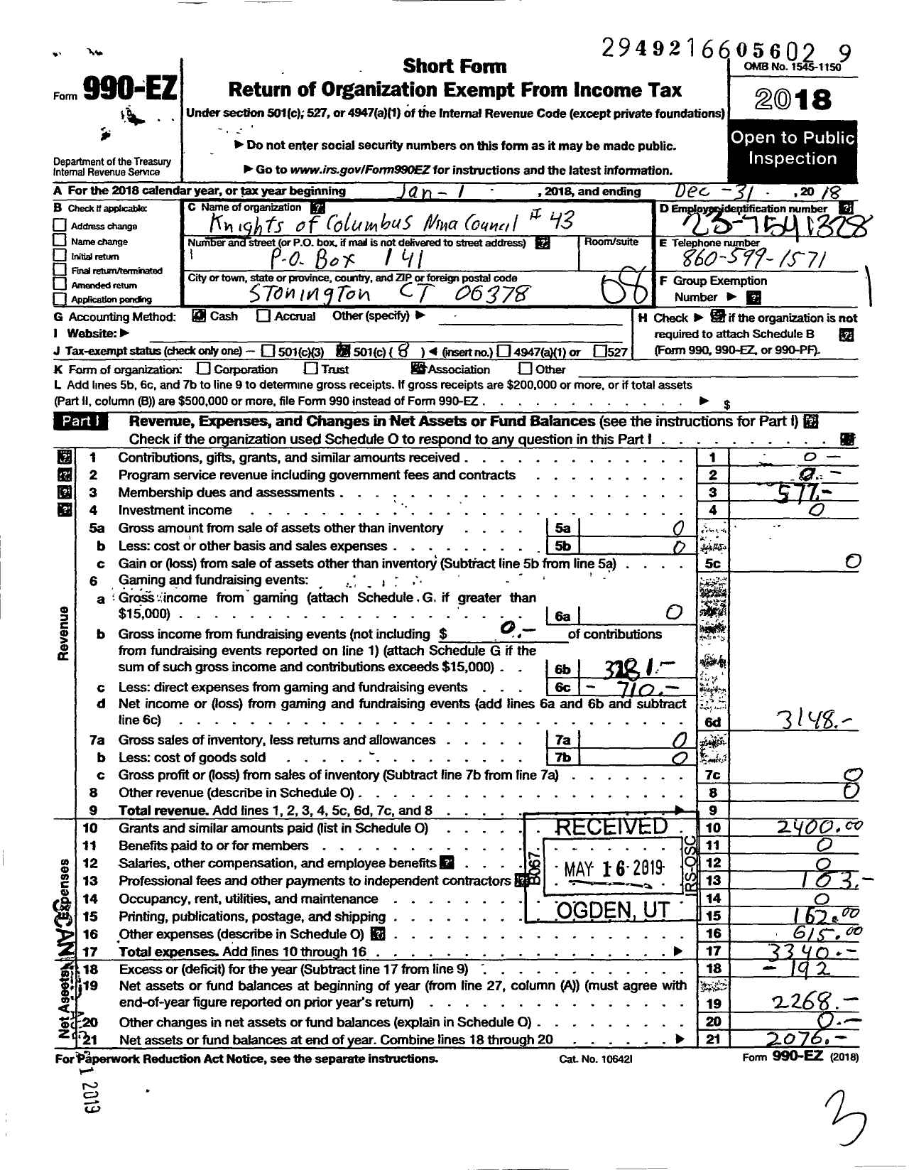 Image of first page of 2018 Form 990EO for Knights of Columbus - 43 Nina Council