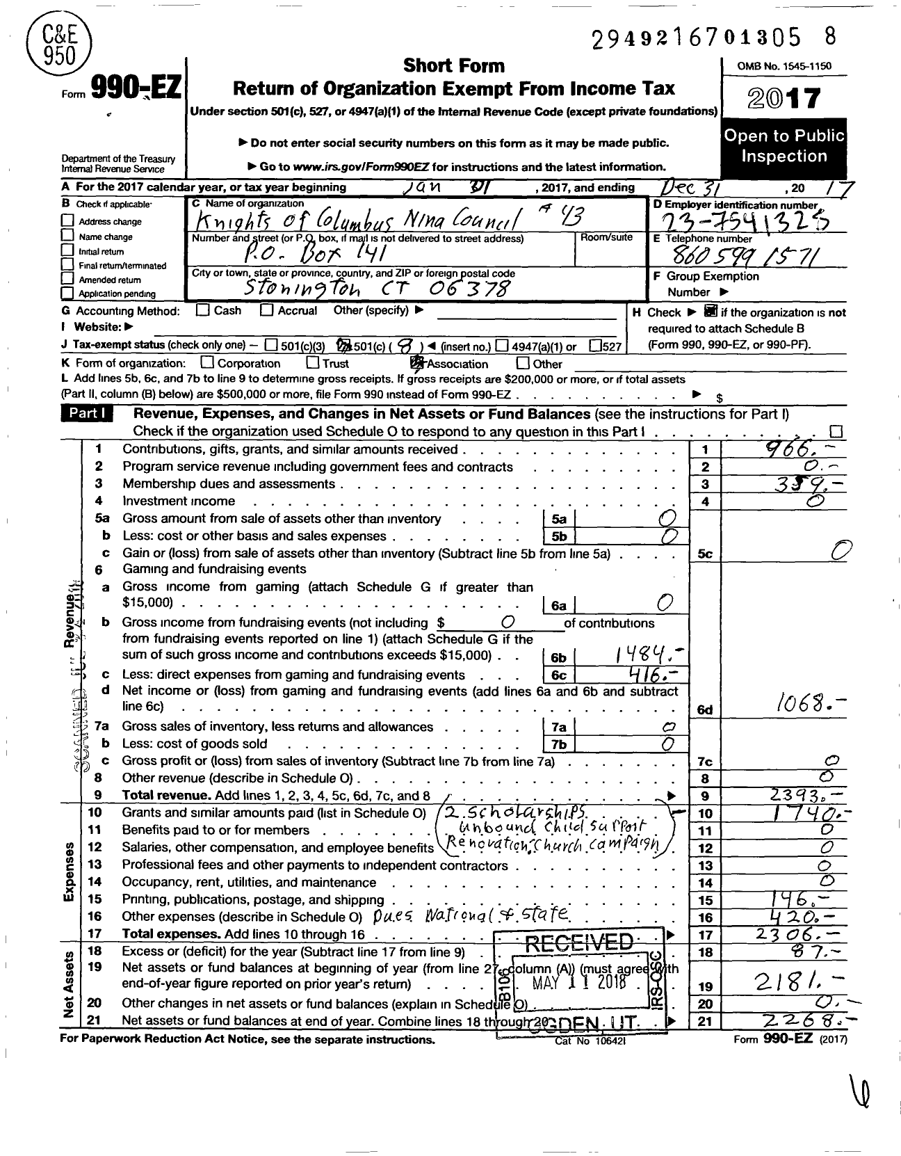 Image of first page of 2017 Form 990EO for Knights of Columbus - 43 Nina Council