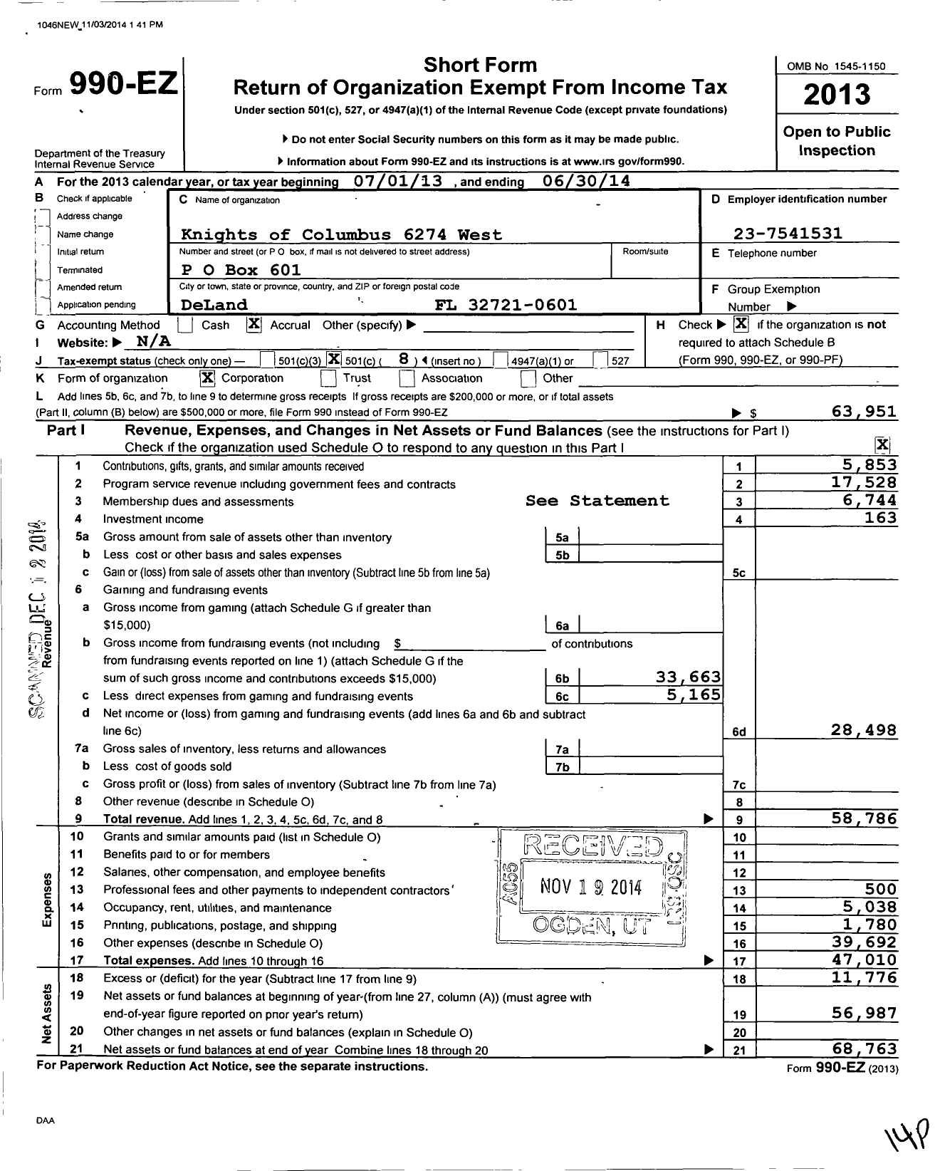 Image of first page of 2013 Form 990EO for Knights of Columbus - 6274 West Volusia Council