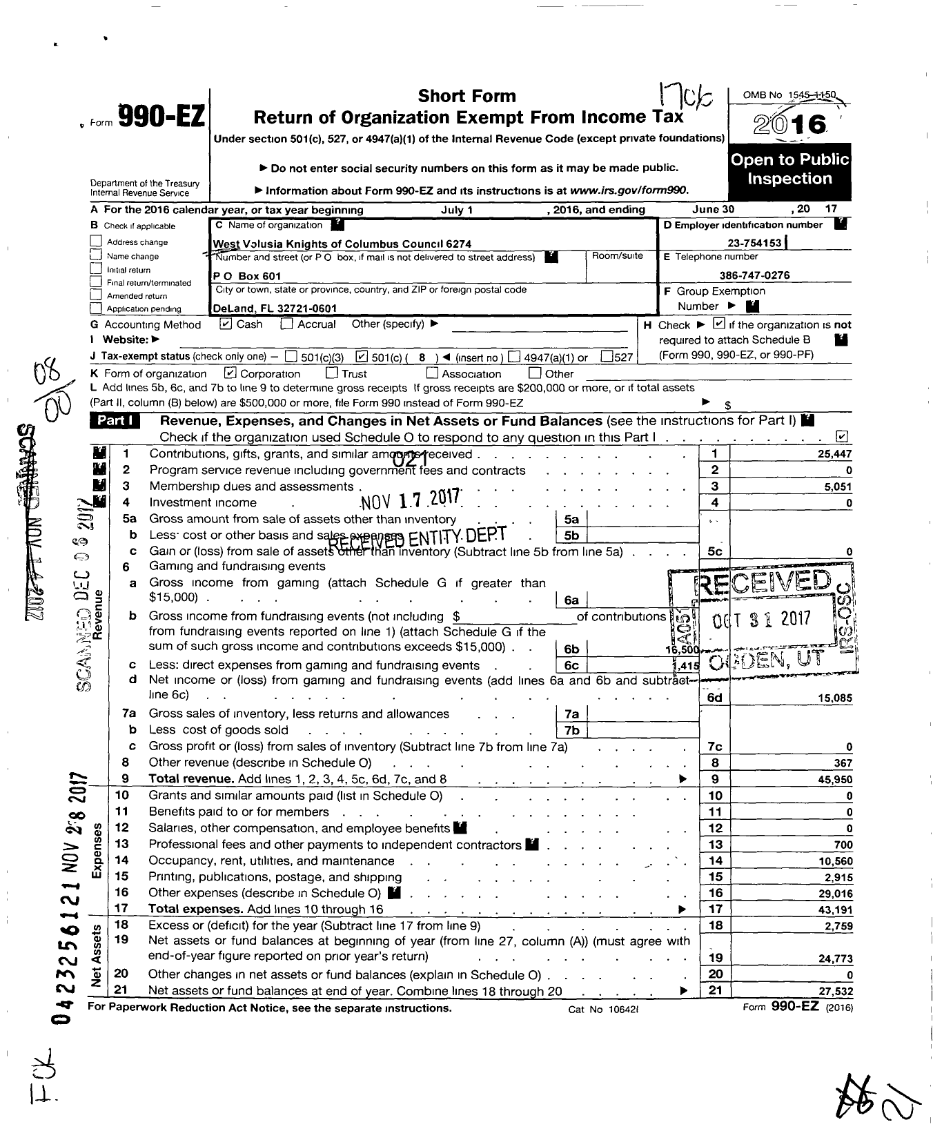 Image of first page of 2016 Form 990EO for Knights of Columbus - 6274 West Volusia Council