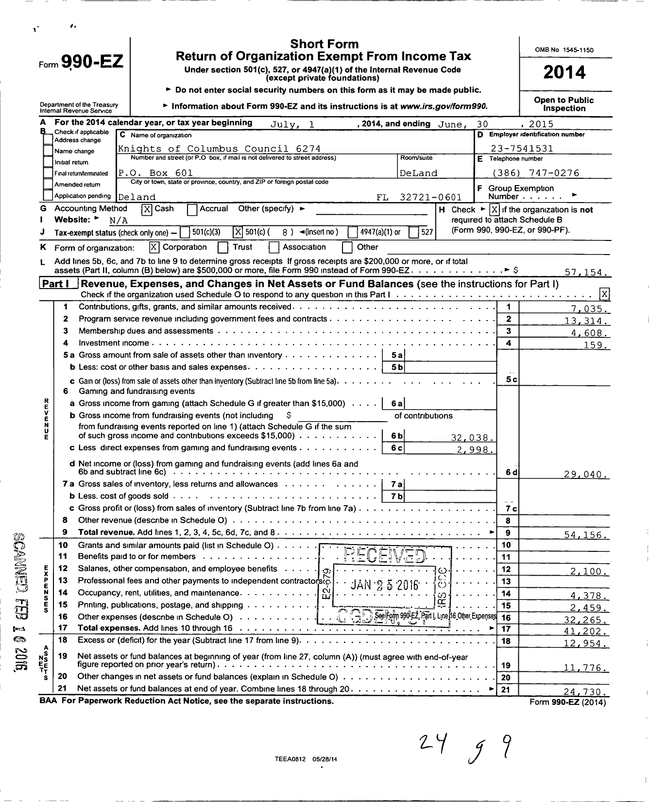 Image of first page of 2014 Form 990EO for Knights of Columbus - 6274 West Volusia Council