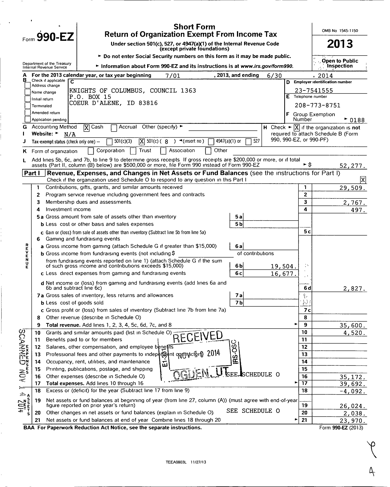 Image of first page of 2013 Form 990EO for Knights of Columbus - St Thomas Council 1363