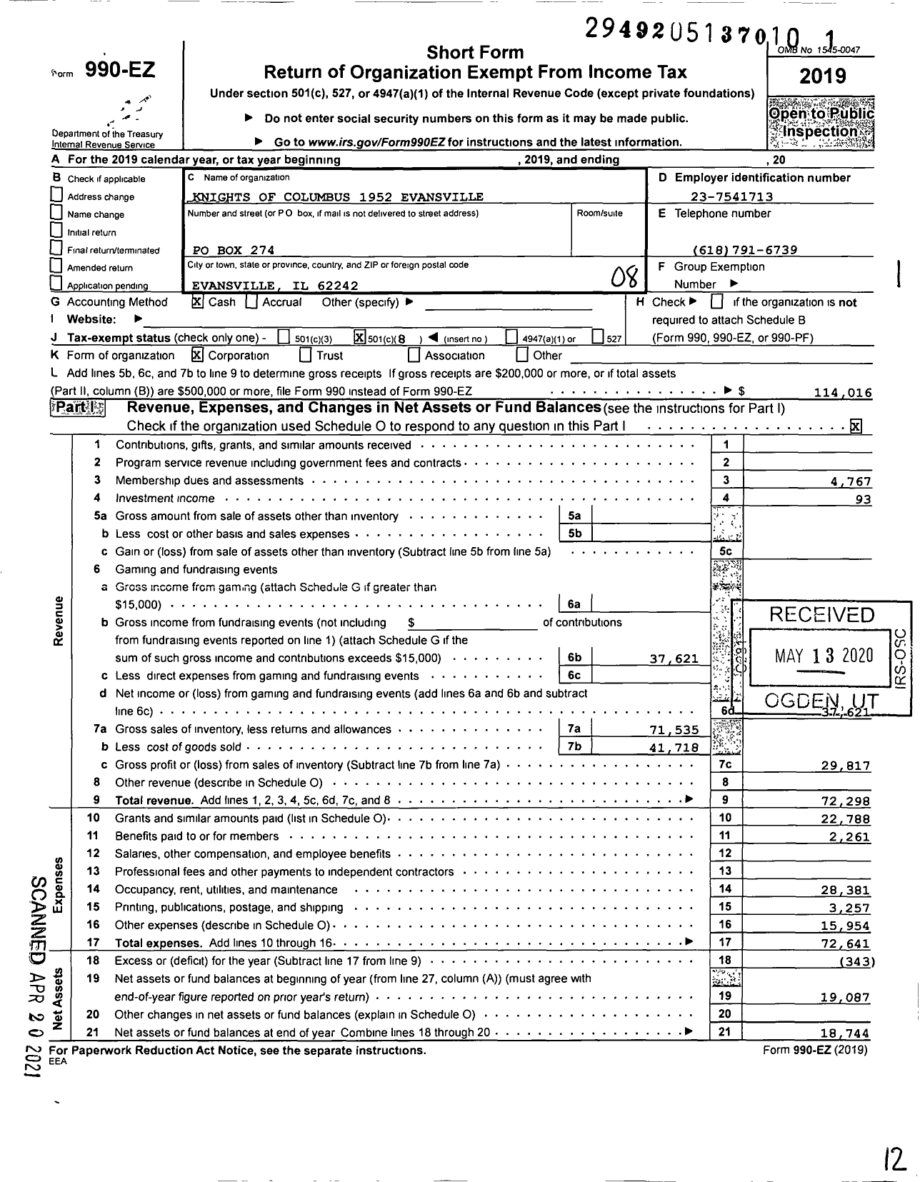 Image of first page of 2019 Form 990EO for Knights of Columbus - 1952 Evansville Council