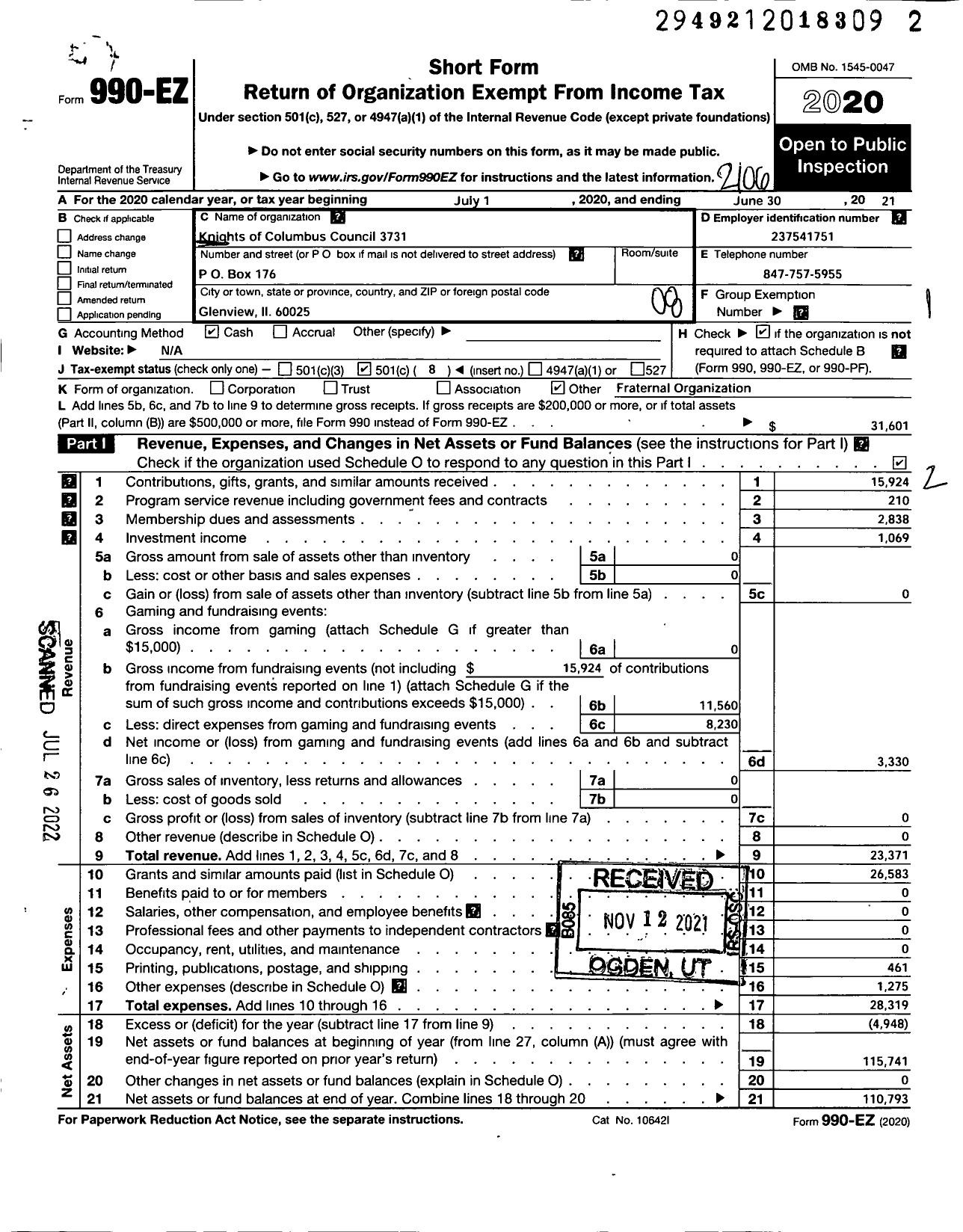 Image of first page of 2020 Form 990EO for Knights of Columbus - 3731 Father John Joseph Dussman