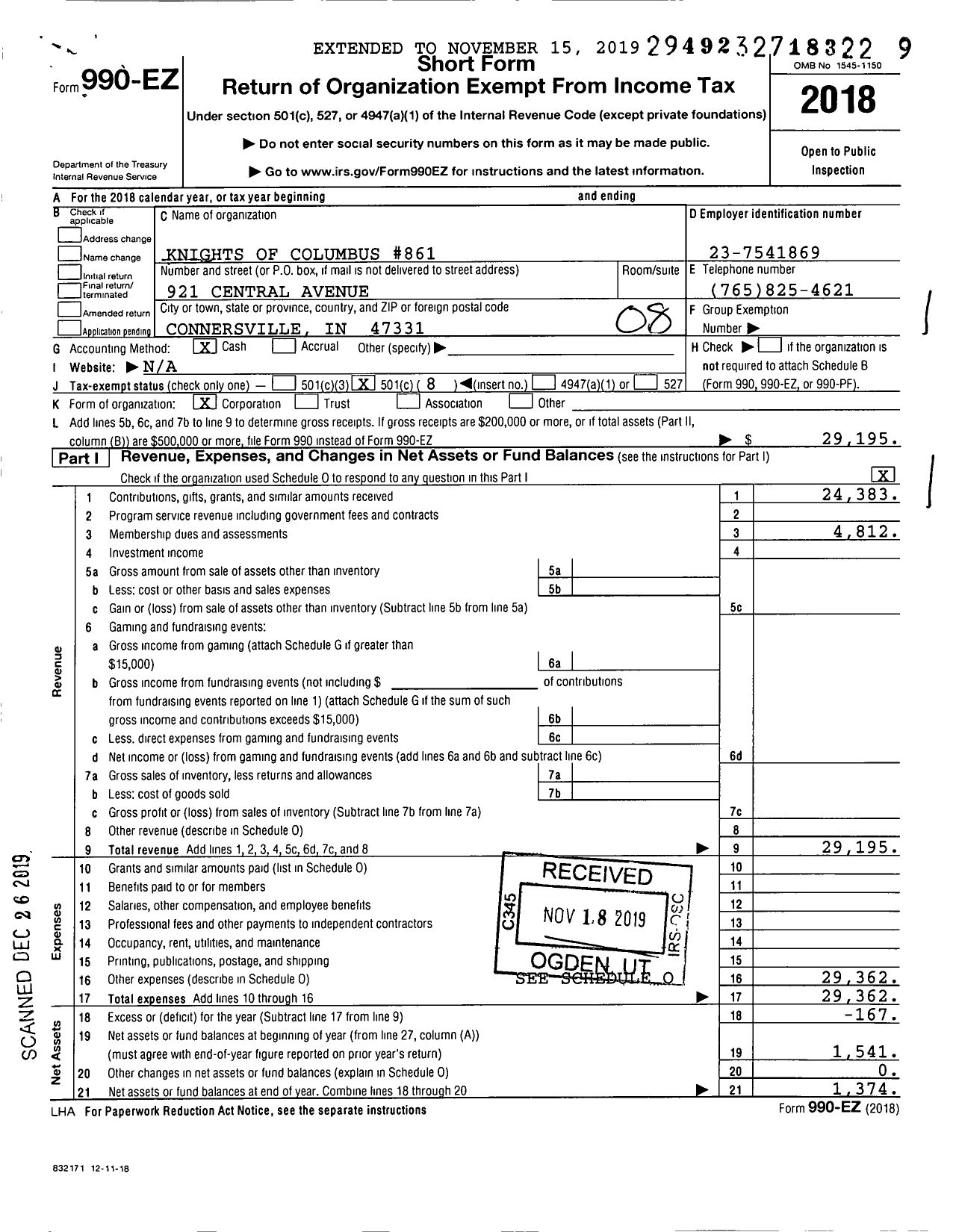 Image of first page of 2018 Form 990EO for Knights of Columbus - 0861 St Gabriels Council