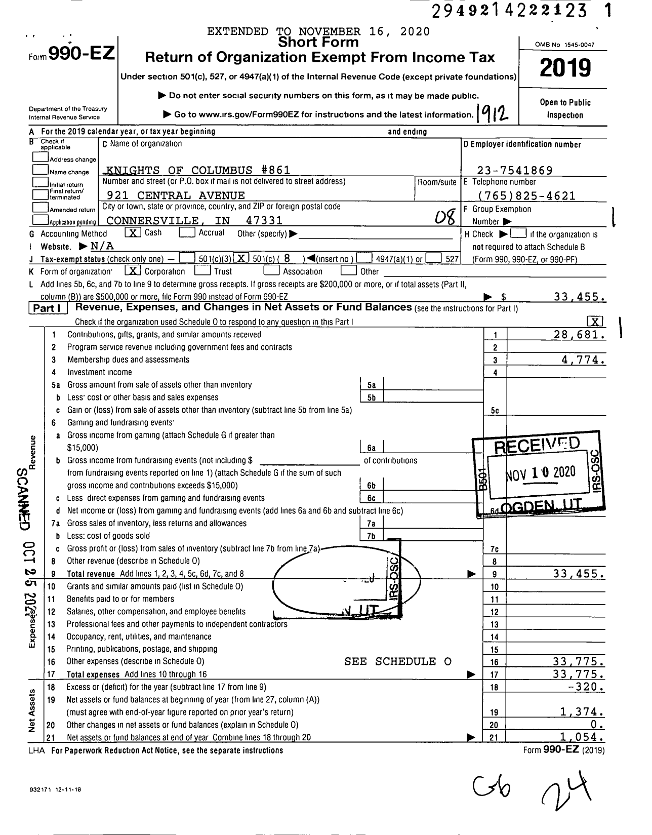 Image of first page of 2019 Form 990EO for Knights of Columbus - 0861 St Gabriels Council