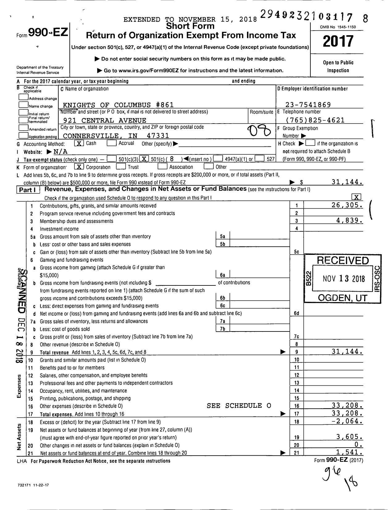 Image of first page of 2017 Form 990EO for Knights of Columbus - 0861 St Gabriels Council