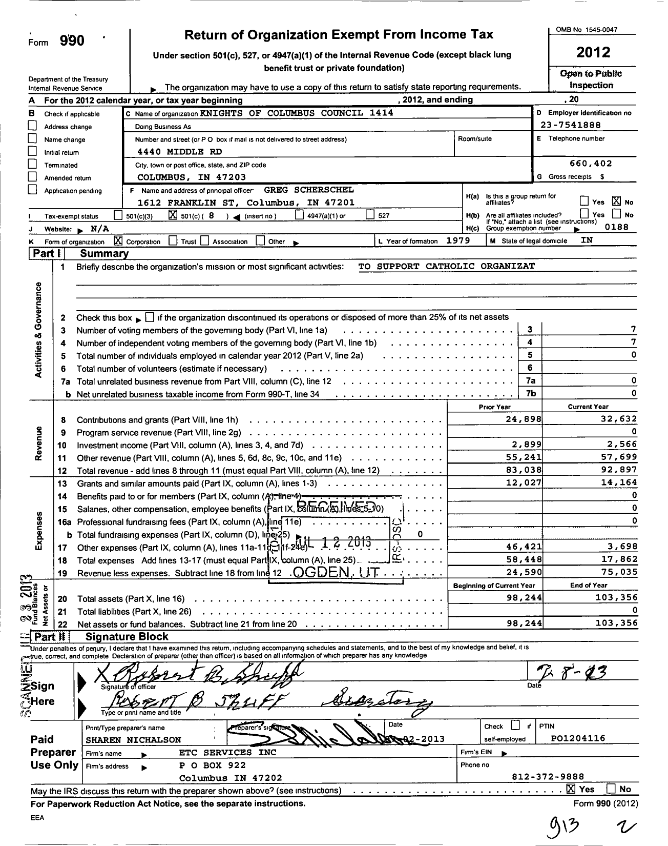 Image of first page of 2012 Form 990O for Knights of Columbus - 1414 Christopher Columbus Council