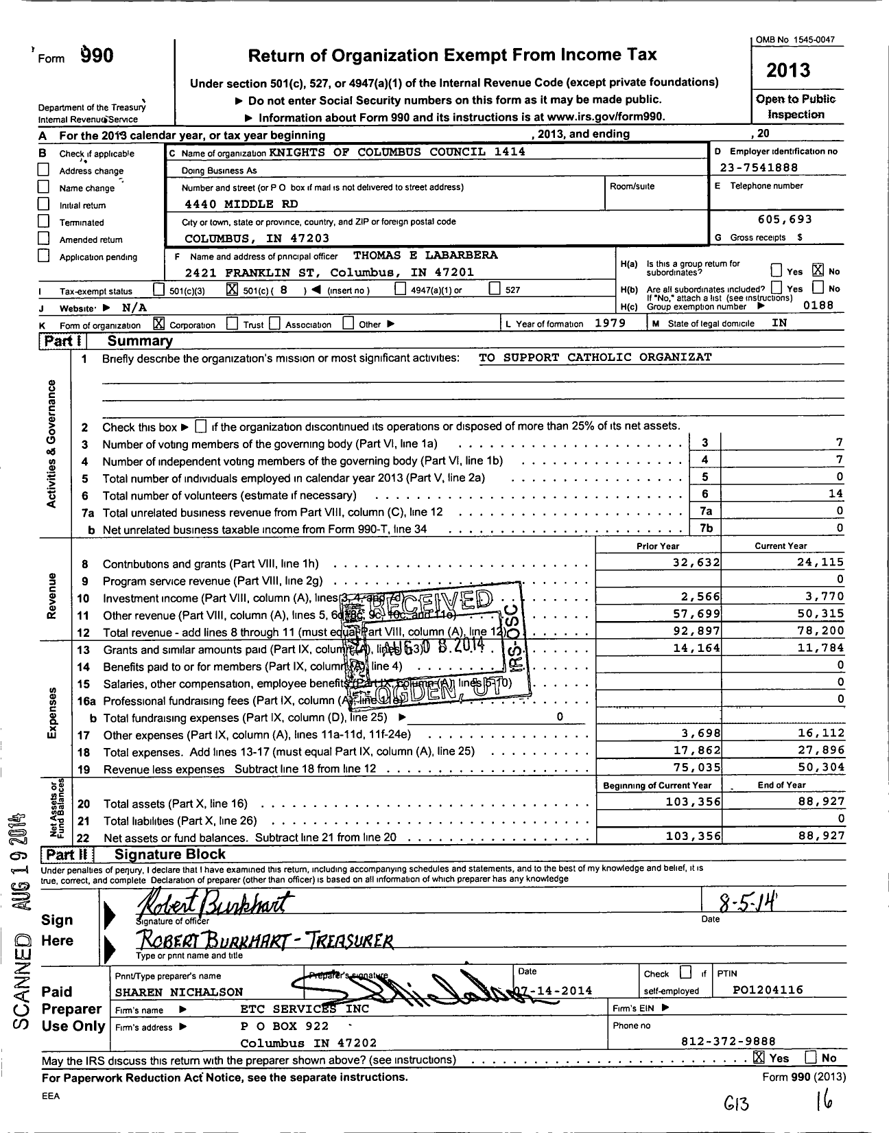 Image of first page of 2013 Form 990O for Knights of Columbus - 1414 Christopher Columbus Council