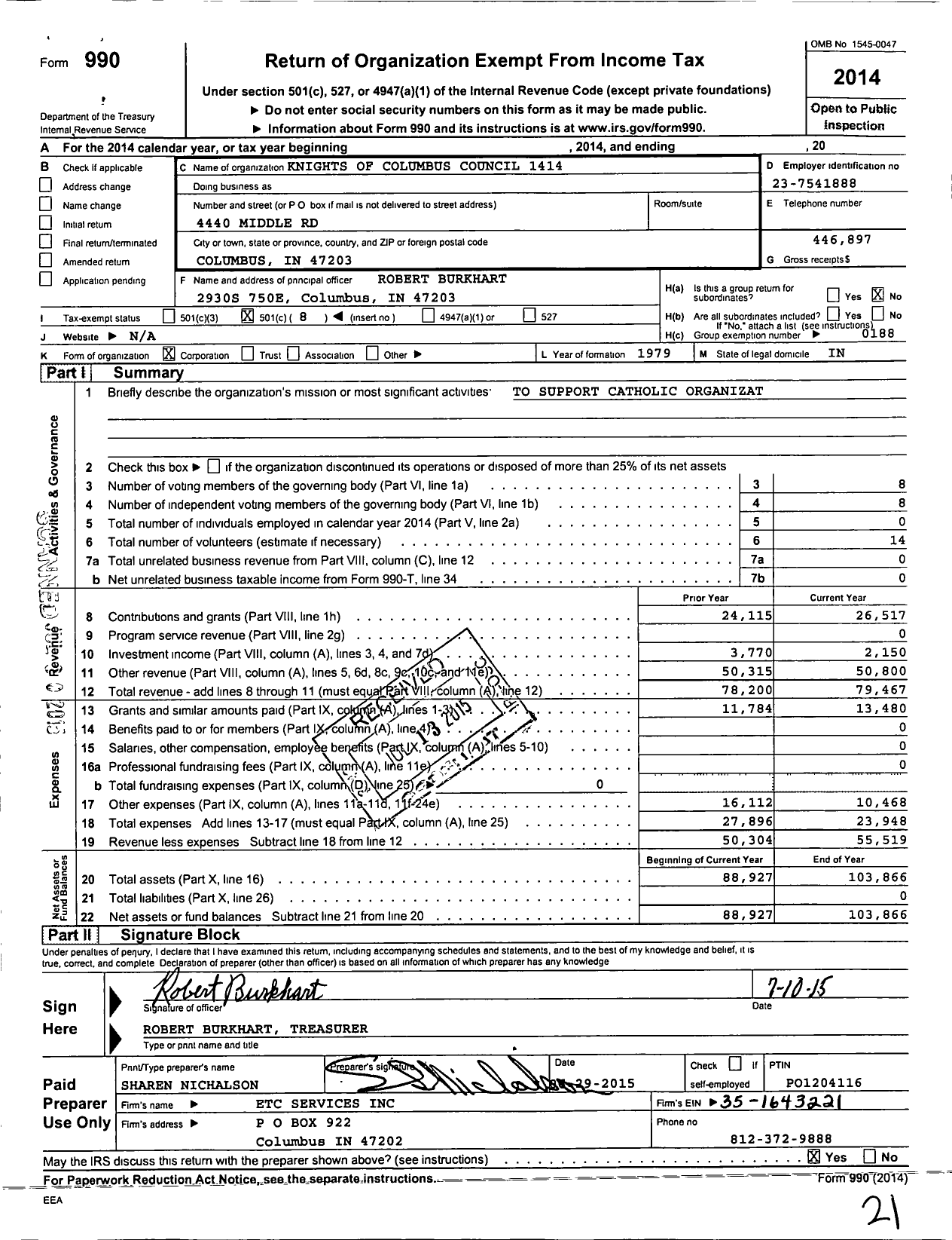 Image of first page of 2014 Form 990O for Knights of Columbus - 1414 Christopher Columbus Council