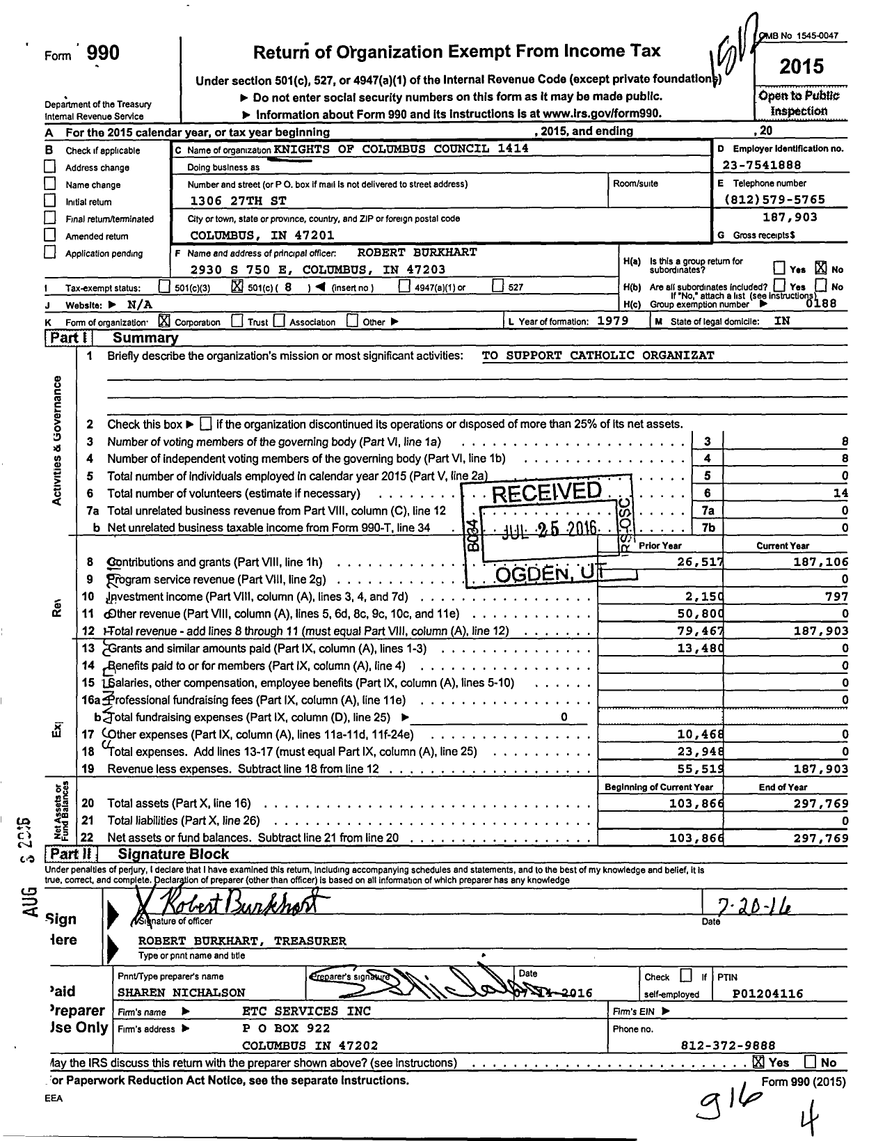 Image of first page of 2015 Form 990O for Knights of Columbus - 1414 Christopher Columbus Council