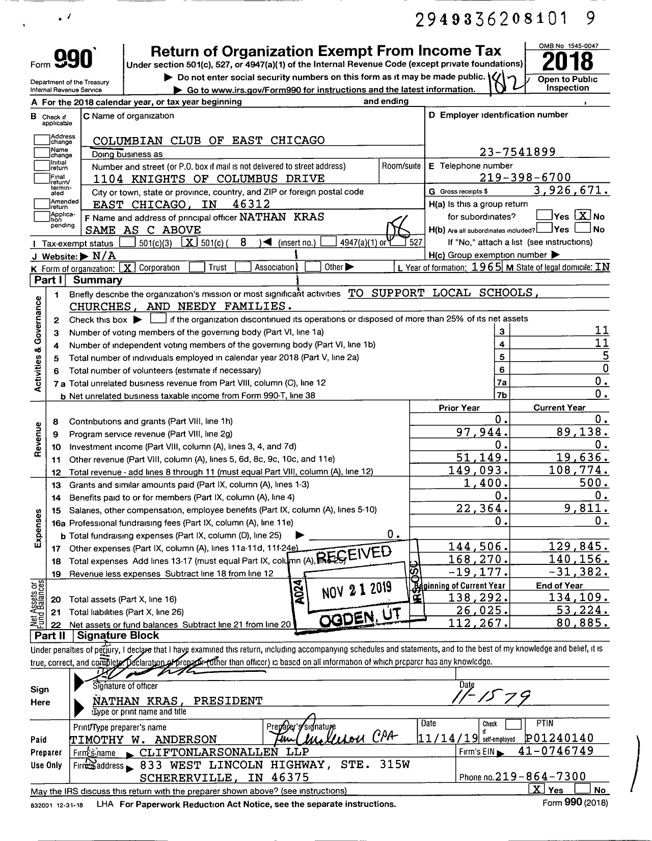 Image of first page of 2018 Form 990O for Columbian Club of East Chicago