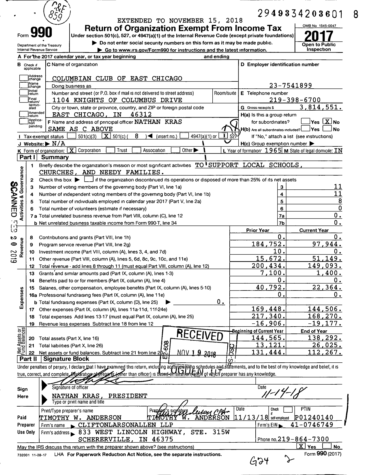 Image of first page of 2017 Form 990O for Columbian Club of East Chicago