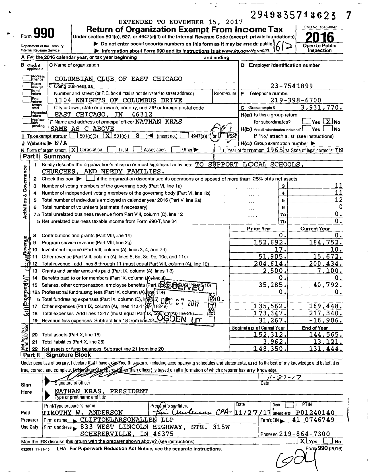 Image of first page of 2016 Form 990O for Columbian Club of East Chicago