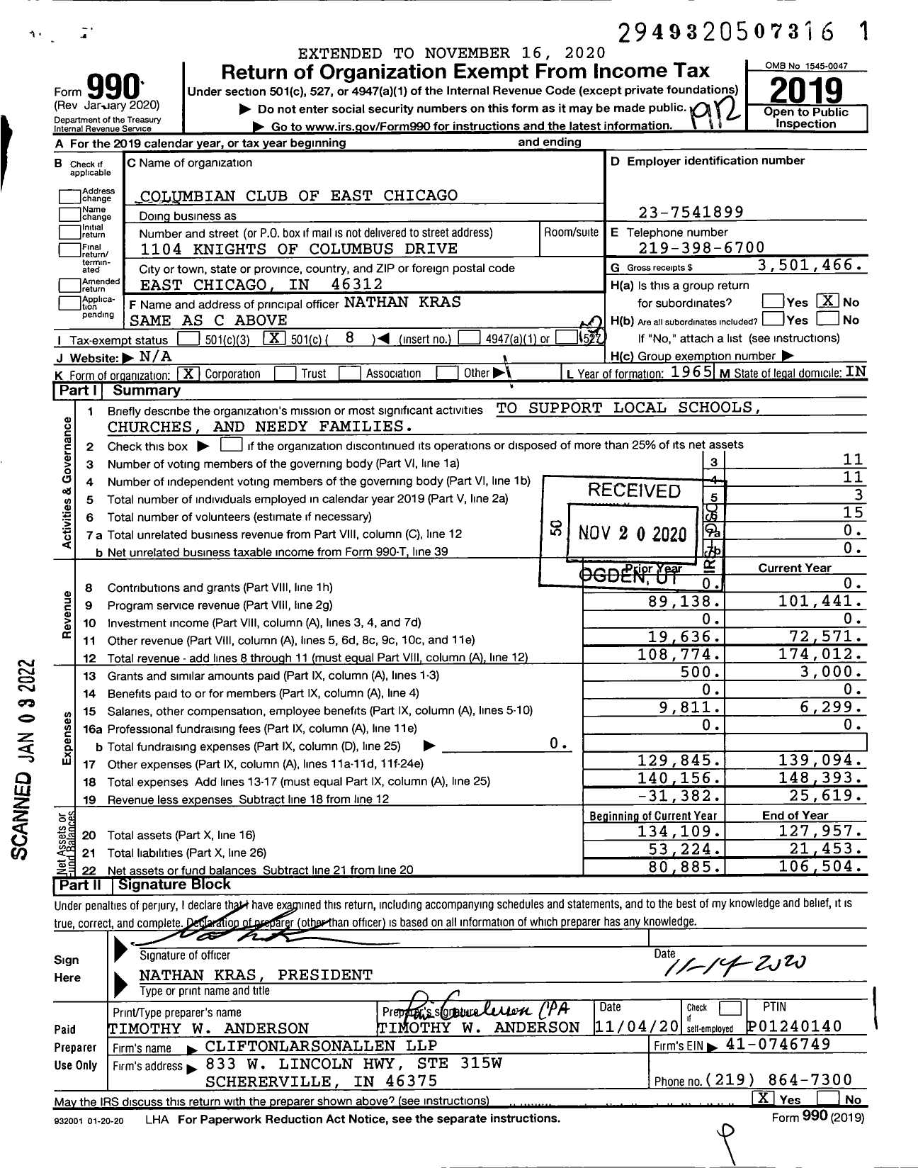 Image of first page of 2019 Form 990O for Columbian Club of East Chicago