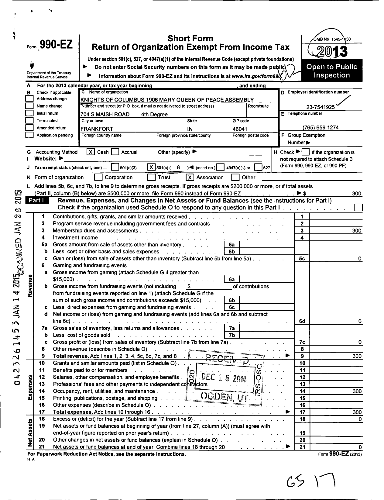 Image of first page of 2013 Form 990EO for Knights of Columbus - 1906 Mary Queen of Peace Assembly