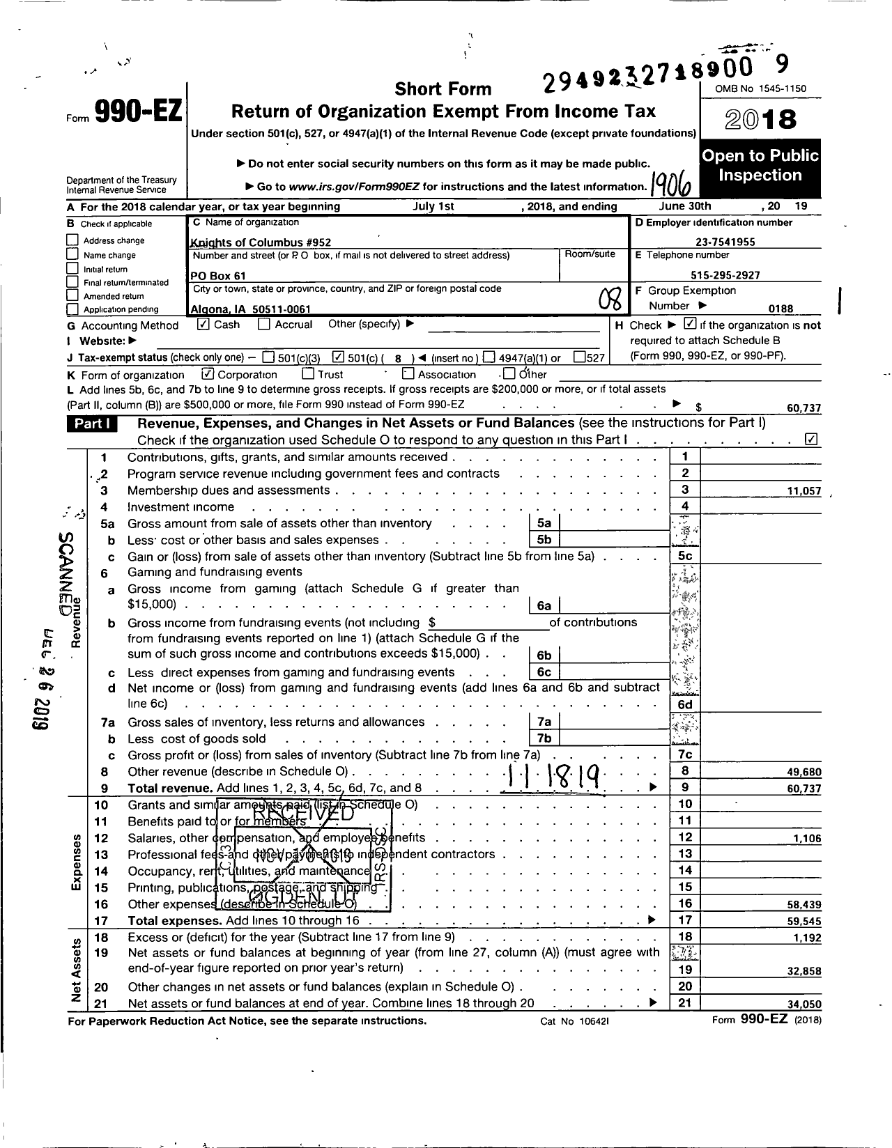 Image of first page of 2018 Form 990EO for Knights of Columbus - 0952 Algona Council