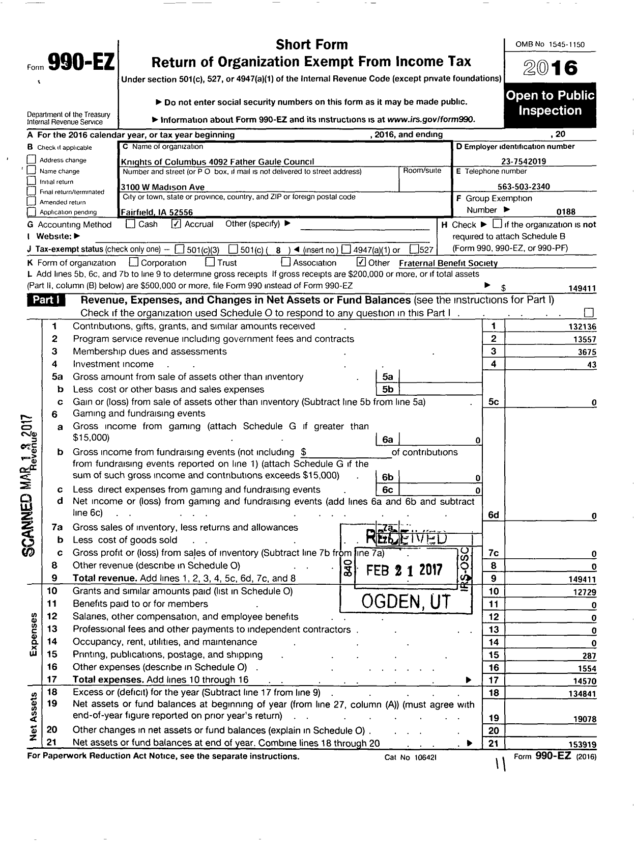 Image of first page of 2016 Form 990EO for Knights of Columbus 4092 Father Guale Council