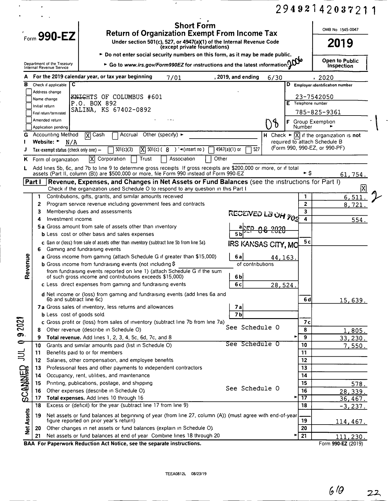 Image of first page of 2019 Form 990EO for Knights of Columbus - 601 Salina Council