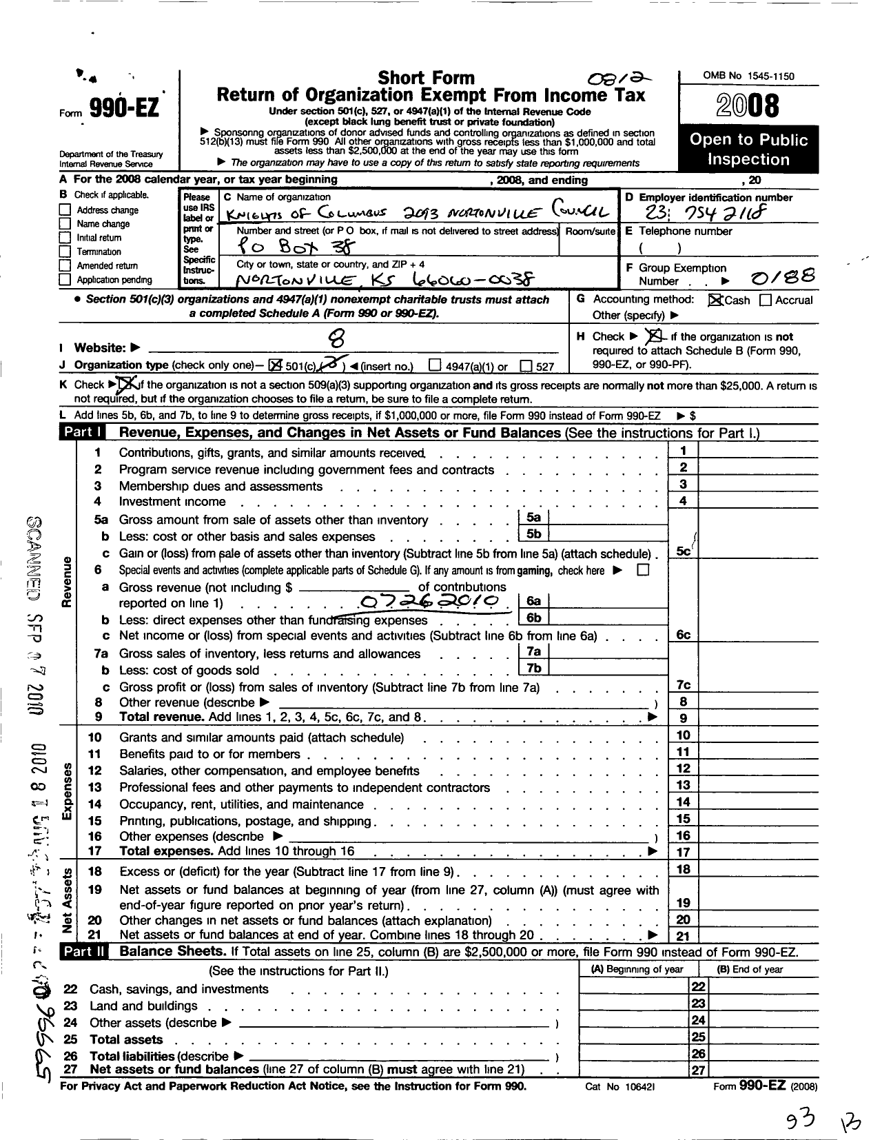 Image of first page of 2008 Form 990EO for Knights of Columbus - 2093 Nortonville Council