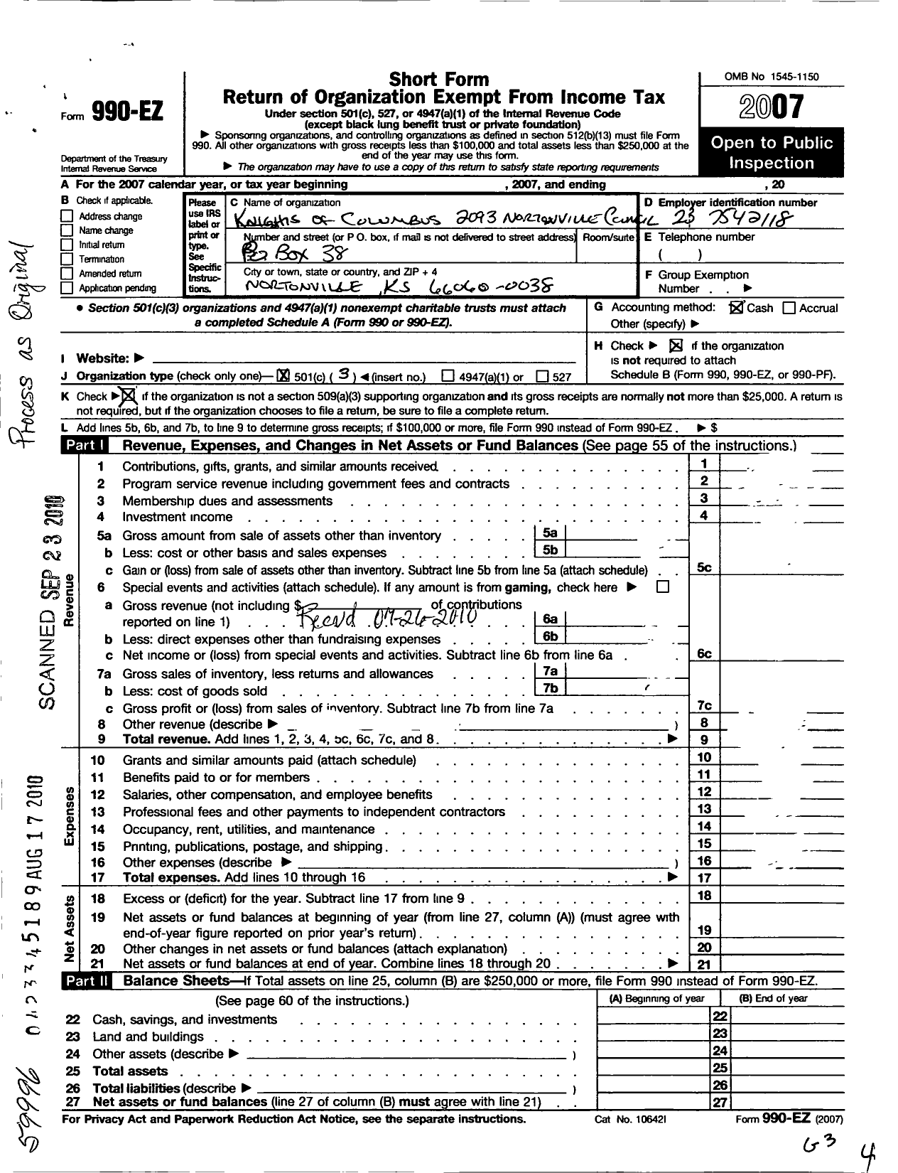 Image of first page of 2007 Form 990EZ for Knights of Columbus - 2093 Nortonville Council