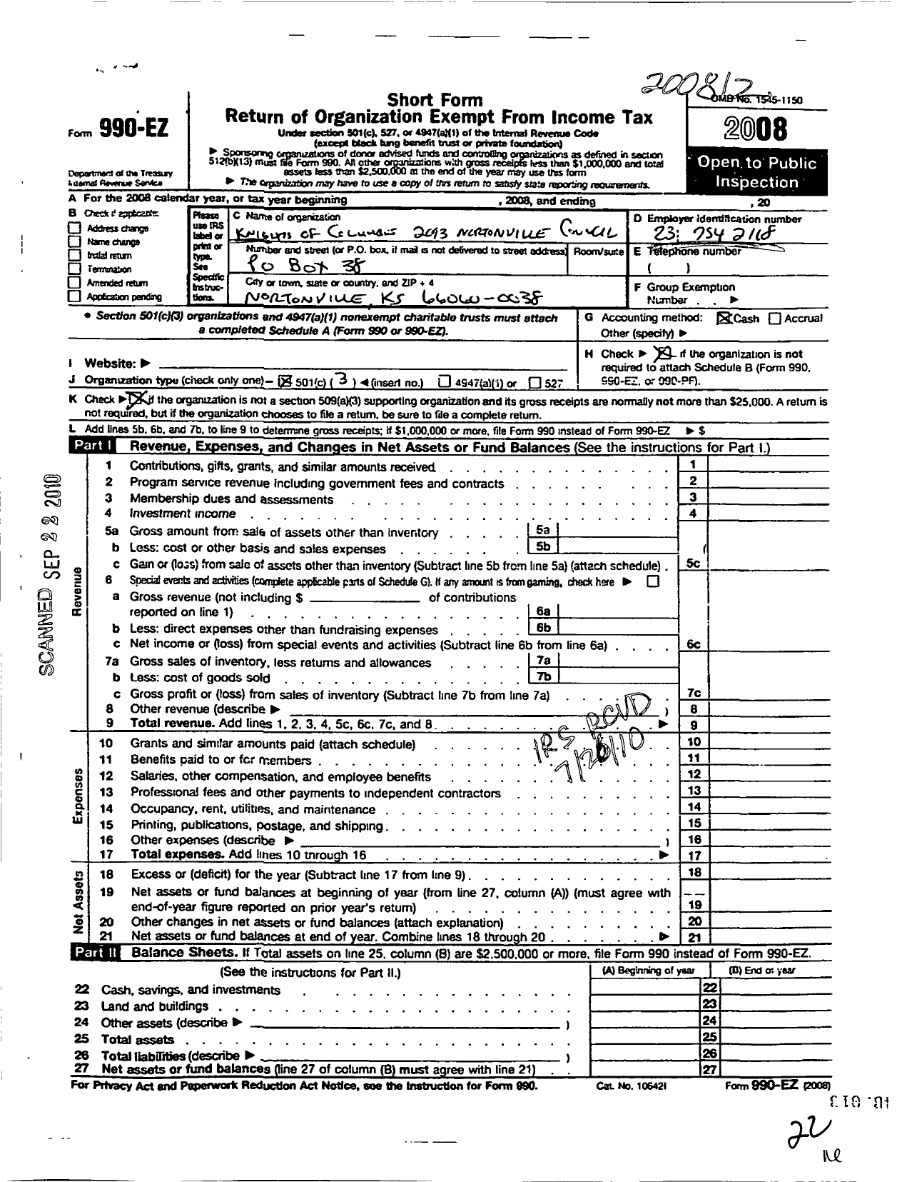 Image of first page of 2008 Form 990EZ for Knights of Columbus - 2093 Nortonville Council