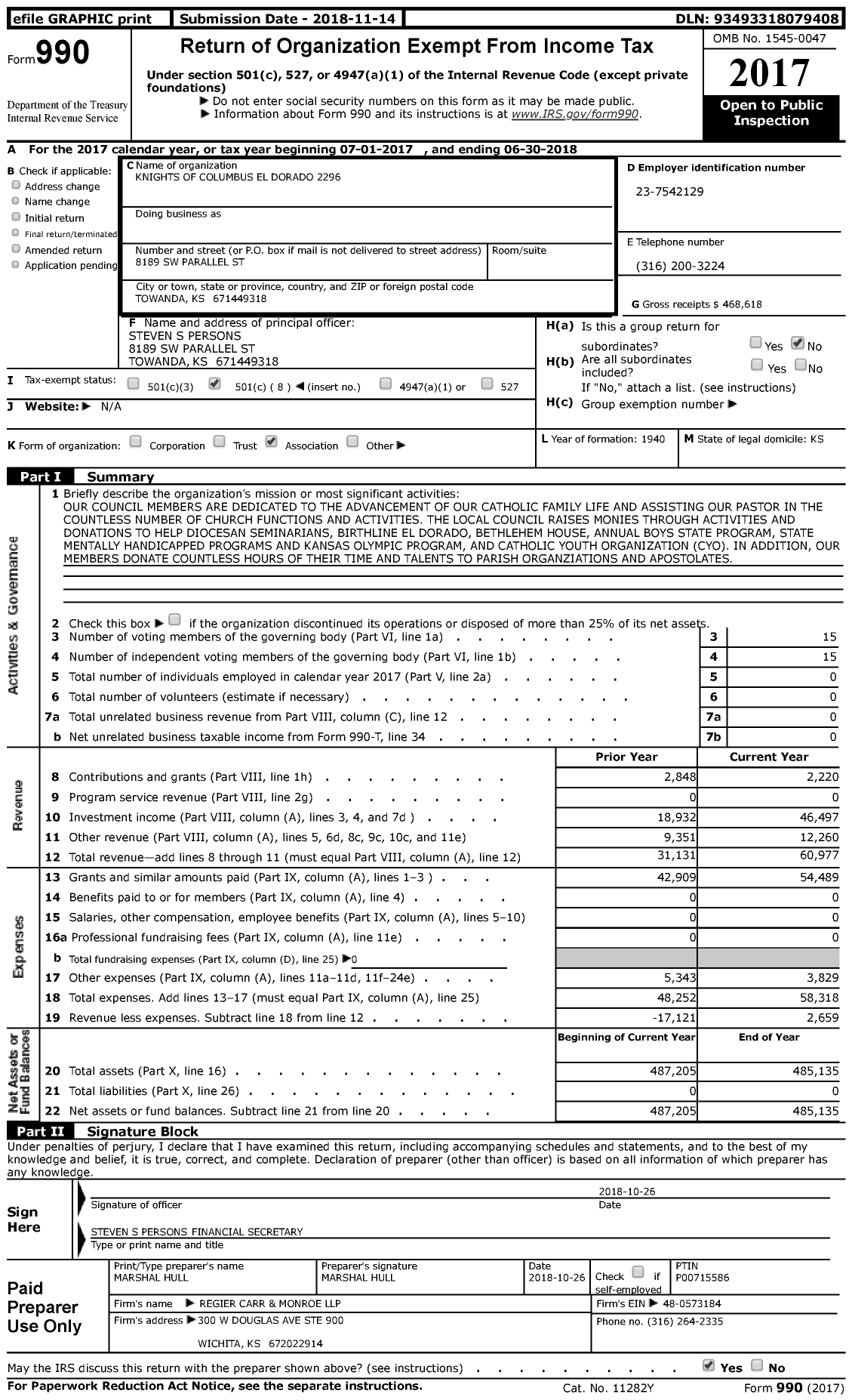 Image of first page of 2017 Form 990 for Knights of Columbus - 2296 El Dorado Council