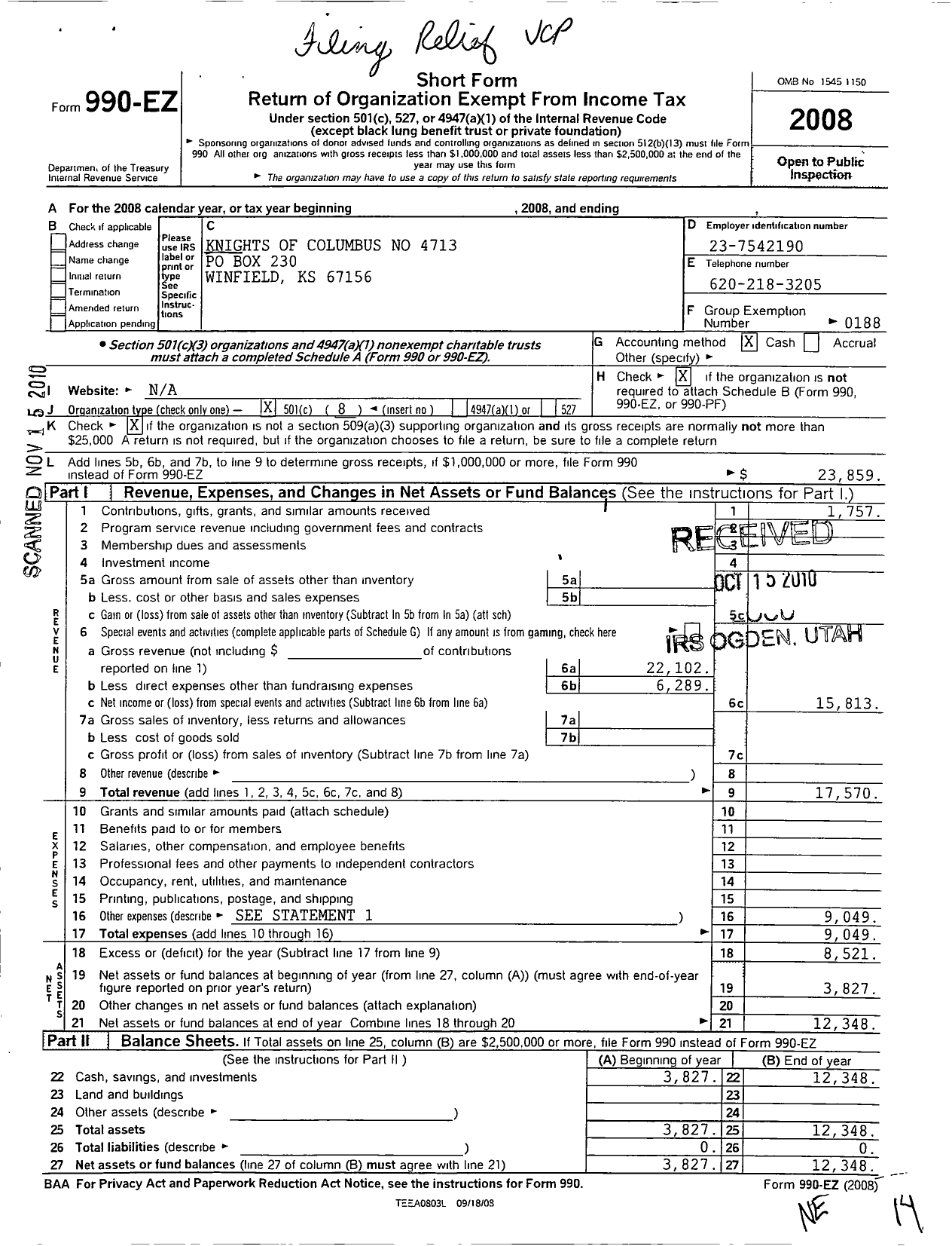 Image of first page of 2008 Form 990EO for Knights of Columbus - 4713 Holy Name Council