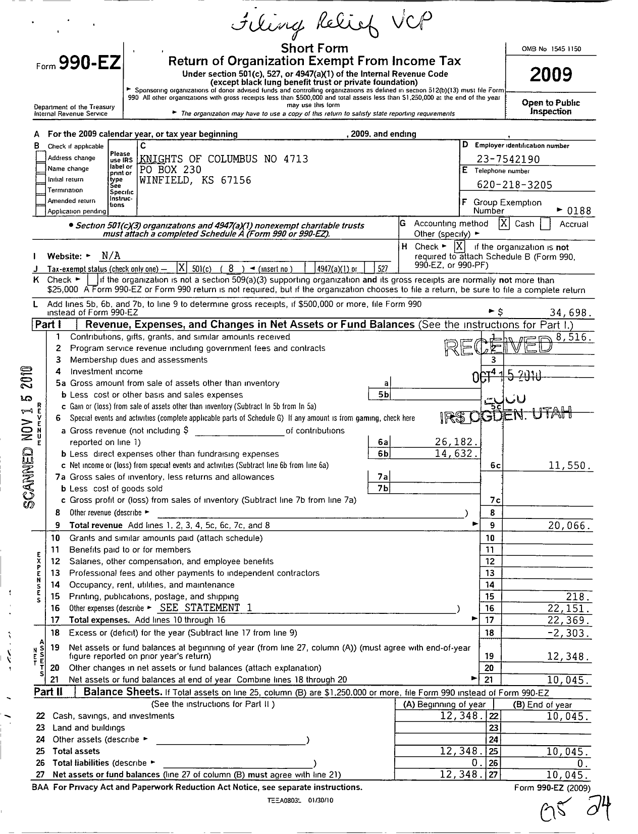 Image of first page of 2009 Form 990EO for Knights of Columbus - 4713 Holy Name Council