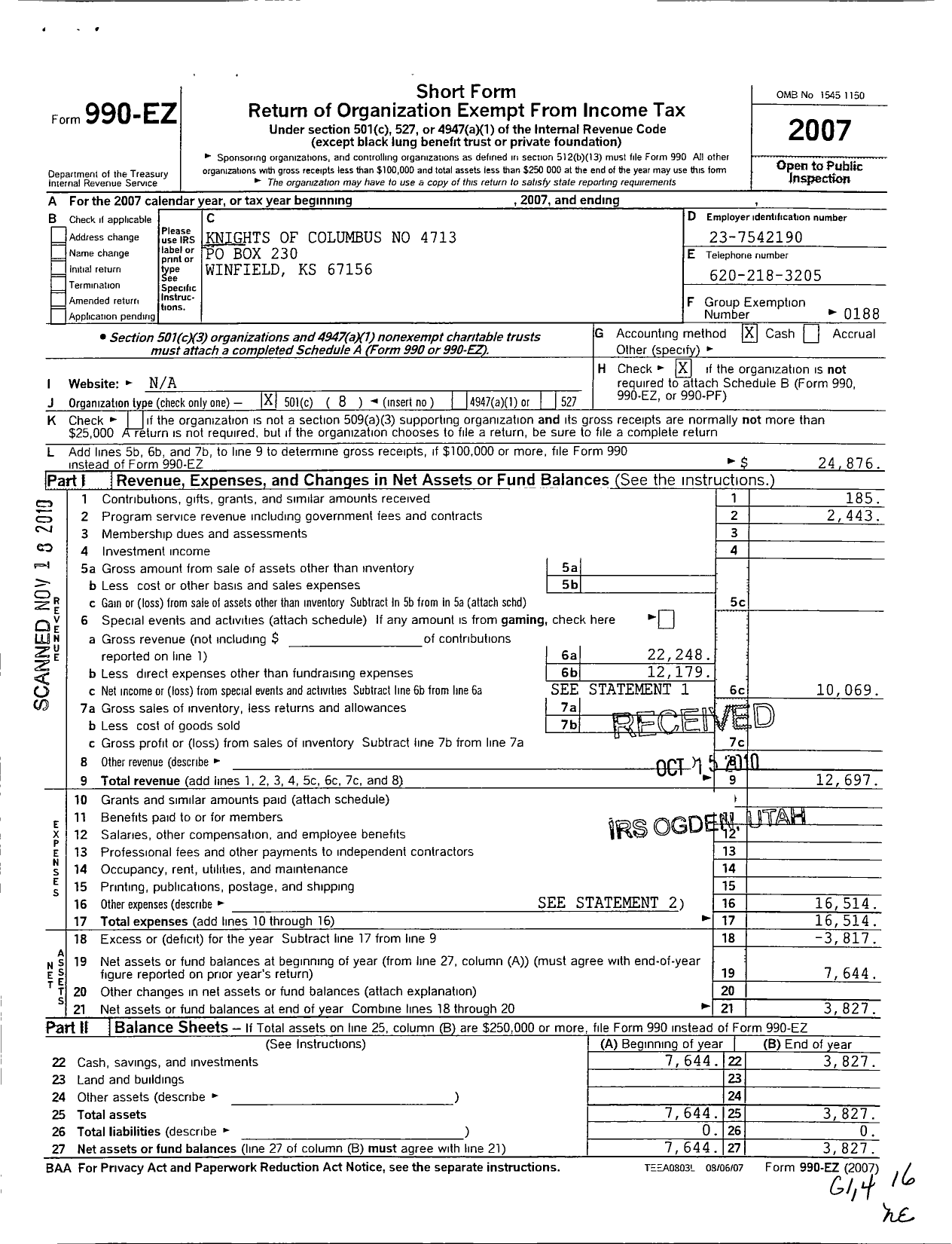 Image of first page of 2007 Form 990EO for Knights of Columbus - 4713 Holy Name Council