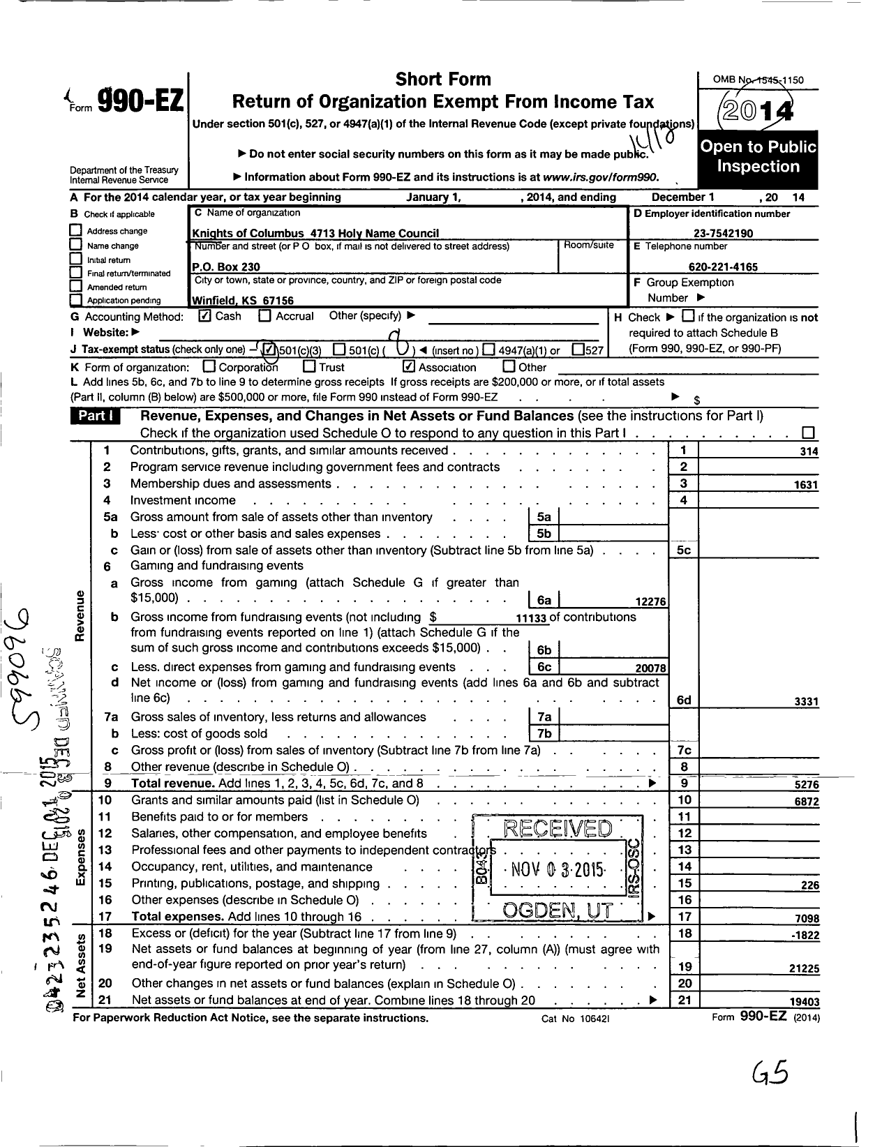 Image of first page of 2014 Form 990EO for Knights of Columbus - 4713 Holy Name Council