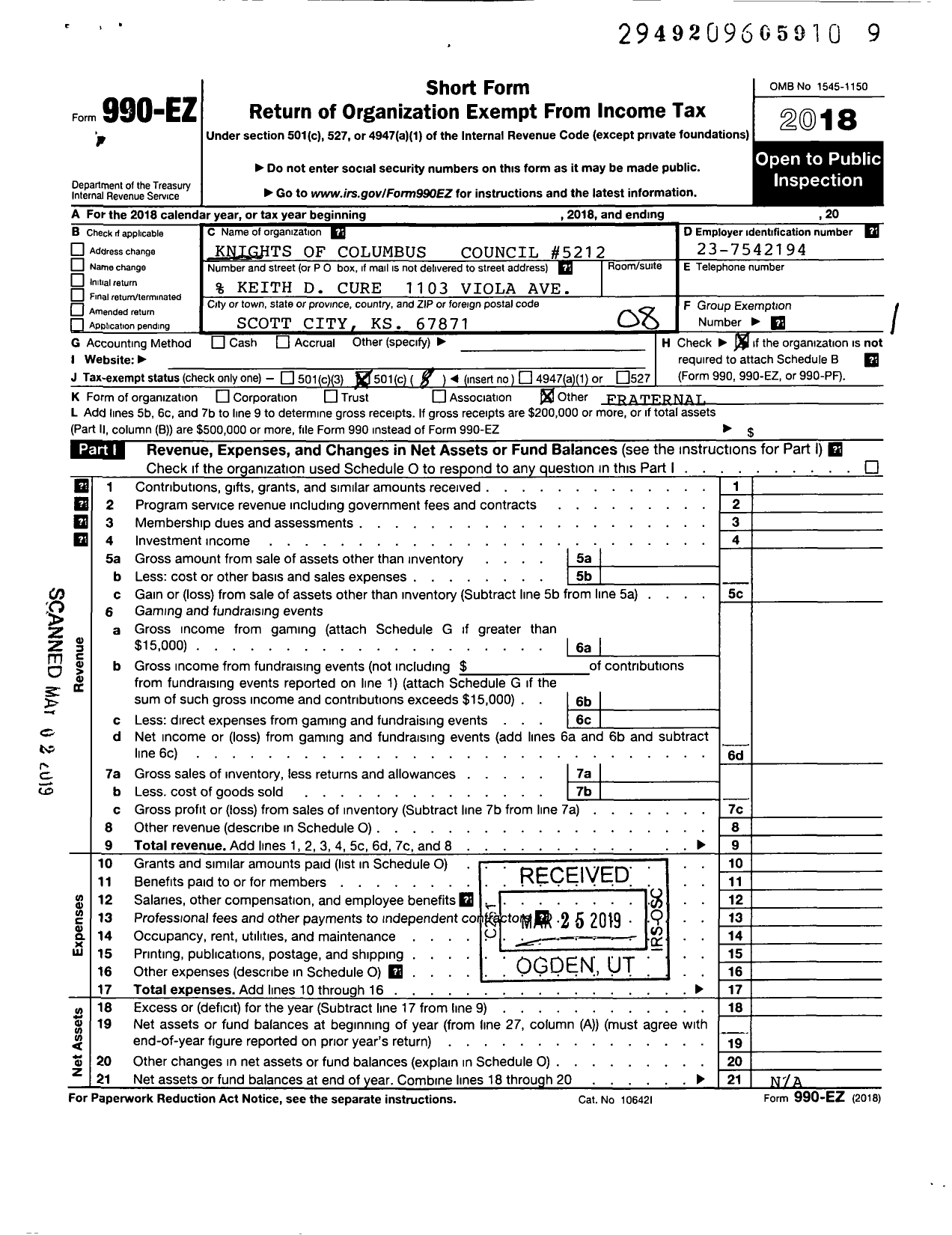 Image of first page of 2018 Form 990EO for Knights of Columbus - 5212 St Josephs Council