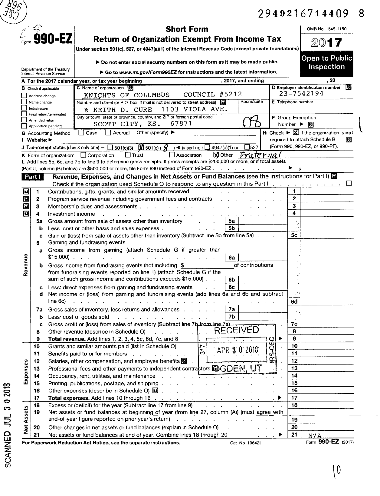 Image of first page of 2017 Form 990EO for Knights of Columbus - 5212 St Josephs Council